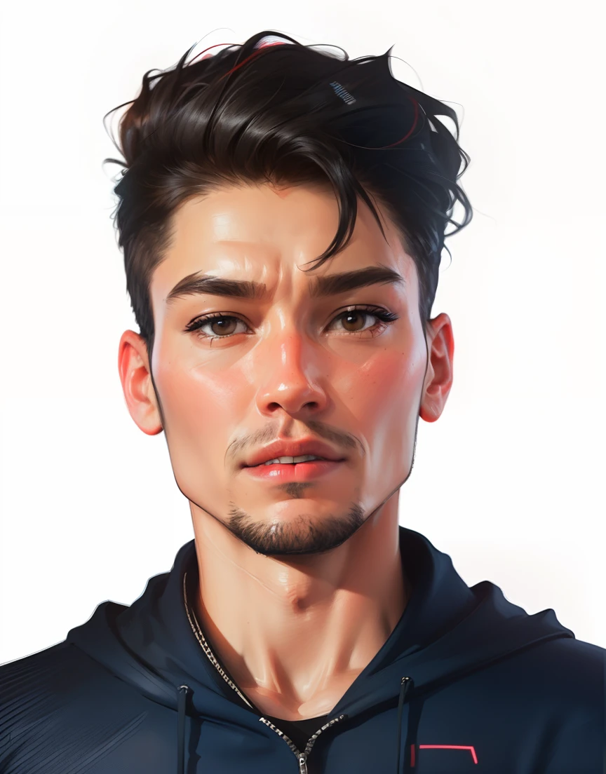 Realistic face, realistic skin, realistic pitch black hoodie with neon red line, cyberpunk background