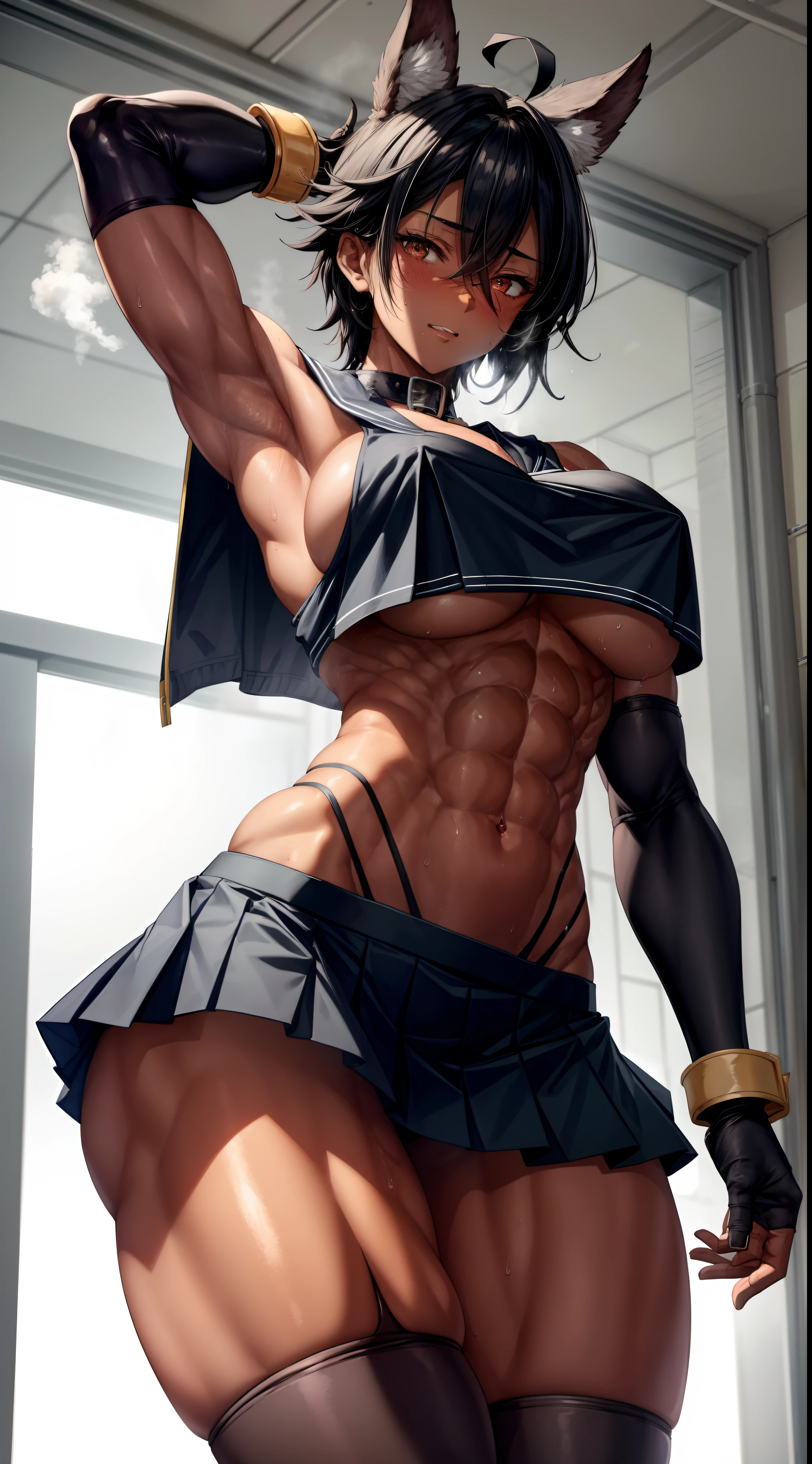 1girl, beautiful, perfect lighting, muscular, (large breasts:1), mature female, milf, navel, abs, looking at viewer (masterpiece, high quality:1.2) (serafuku:1.2), black hair, short hair, tomboy, (very dark skin:1.3), shy, blush, embarrassed, underboob,bare shoulders, elbow gloves, (mini skirt:1.1), long legs, school, sunlight, panty, skindentation,happy, sweat, steam,fingerless gloves, (tall),leg muscles,collar,shiny skin,armpits,ahoge,standing