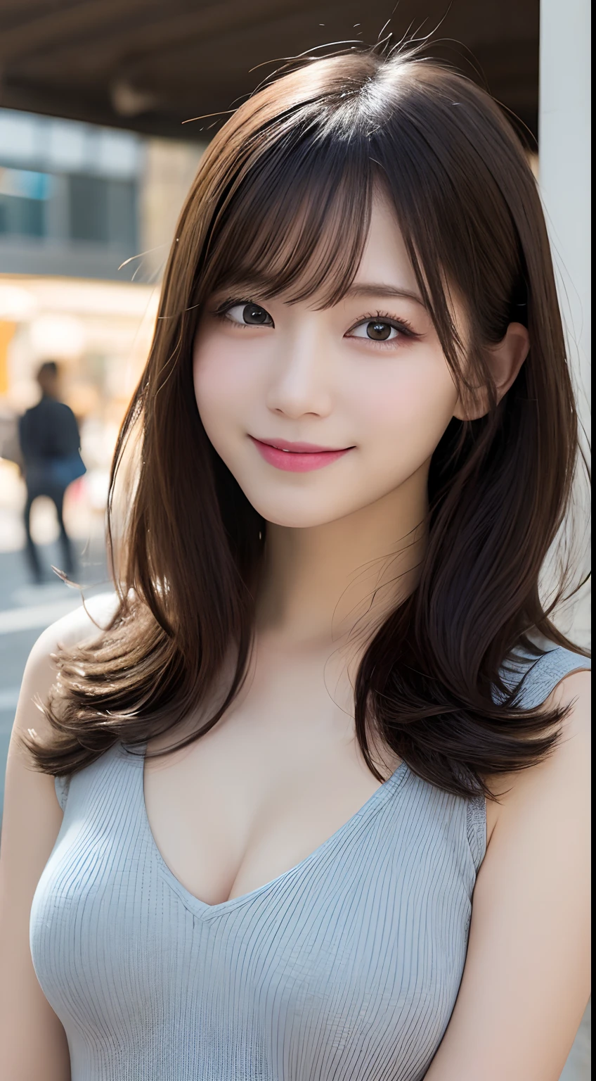 Tabletop, highest quality, shape, Very detailed, finely, High resolution, 8k wallpaper, 完璧なダイナミックな構shape, Beautiful and exquisite,ランダムなcute髪,,Natural color lip, Bold sexy pose,smile、20-year-old girl、cute、Looking into the camera,Always blur the background,Perfect and beautiful face,Slim face and figure,Big eyes、Putting on gal makeup,Small face,Shooting from below、Blurred Background,Elegant feminine face、smile、Actual Photos、Adult Lolita Fashion、Station platform