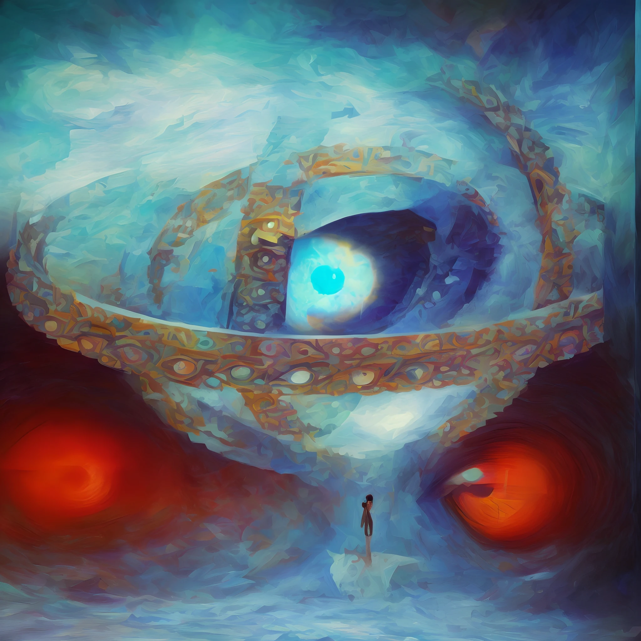 There is an image of a person standing in the snow, O Olho de Deus Rah, 3rd eye, third - eye visions, digital visionary art, mystic eye, o olho de deus, mystical third eye, visuais de outro mundo, canalizando a energia do terceiro olho, visionary art, terceiro olho, arte surreal, all - seeing eye, Vision of the eyes of the gods
