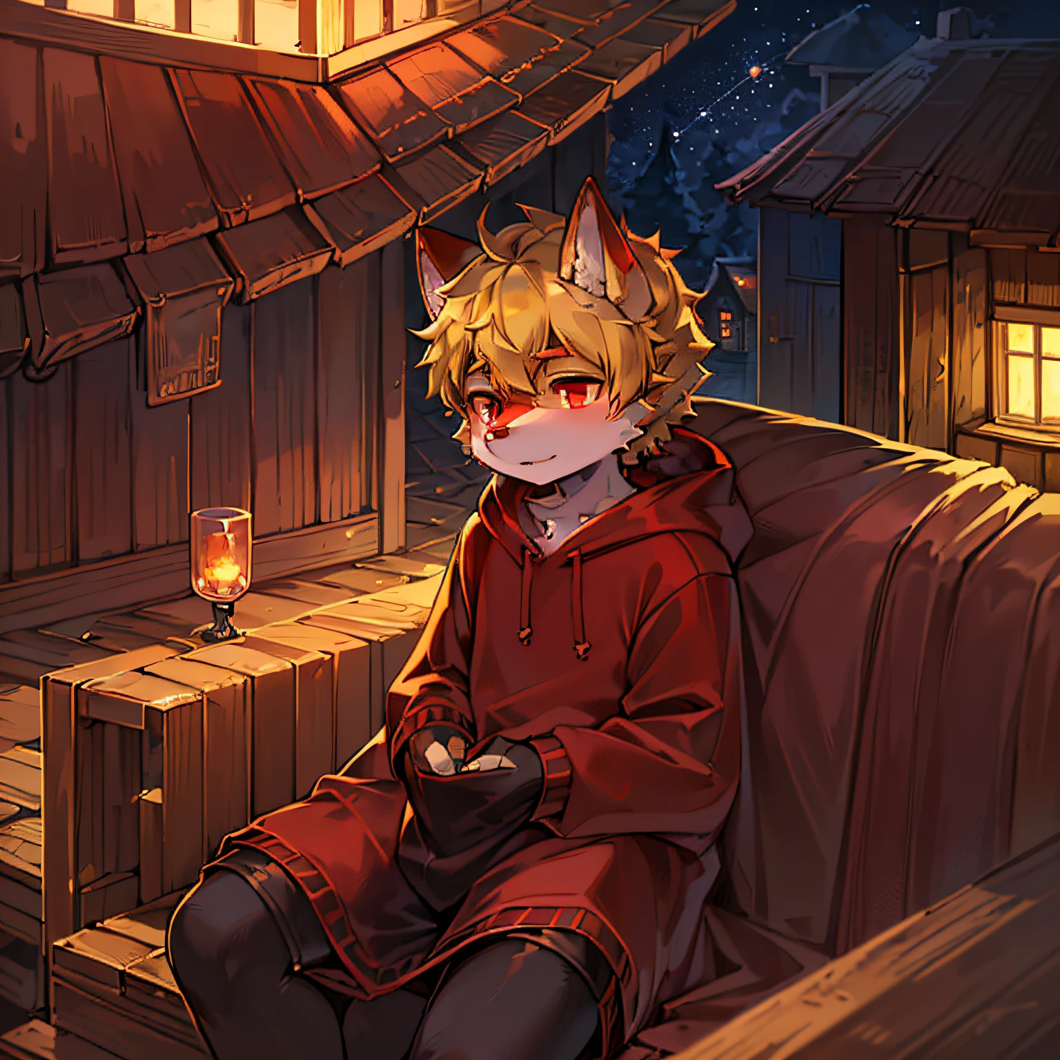 solo,1boy,anthro,furry_male,fox_boy,(red_fur:1.3),(detailed_fluffy_fur),(intricate_detail_fluffy_fur),tuft,(body_fur:1.2),oil_skin,(skin_with_fluffy_fur),tail,short_hair,red_eyes,blonde_hair,shorts,hoodie, upper_body_close-up，cowbow_shot，half-closed_eyes，looking_at_viewer。 (Cozy_hood_Hideaway:1.5)，the night，(detailed_background，amazing_background)，exteriors，scenecy。