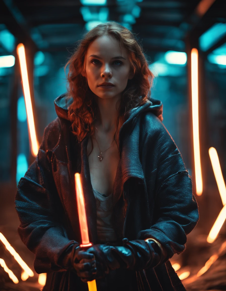 A photo, portrait of a beautiful girl, as a jedi, holding a lightsaber, close up