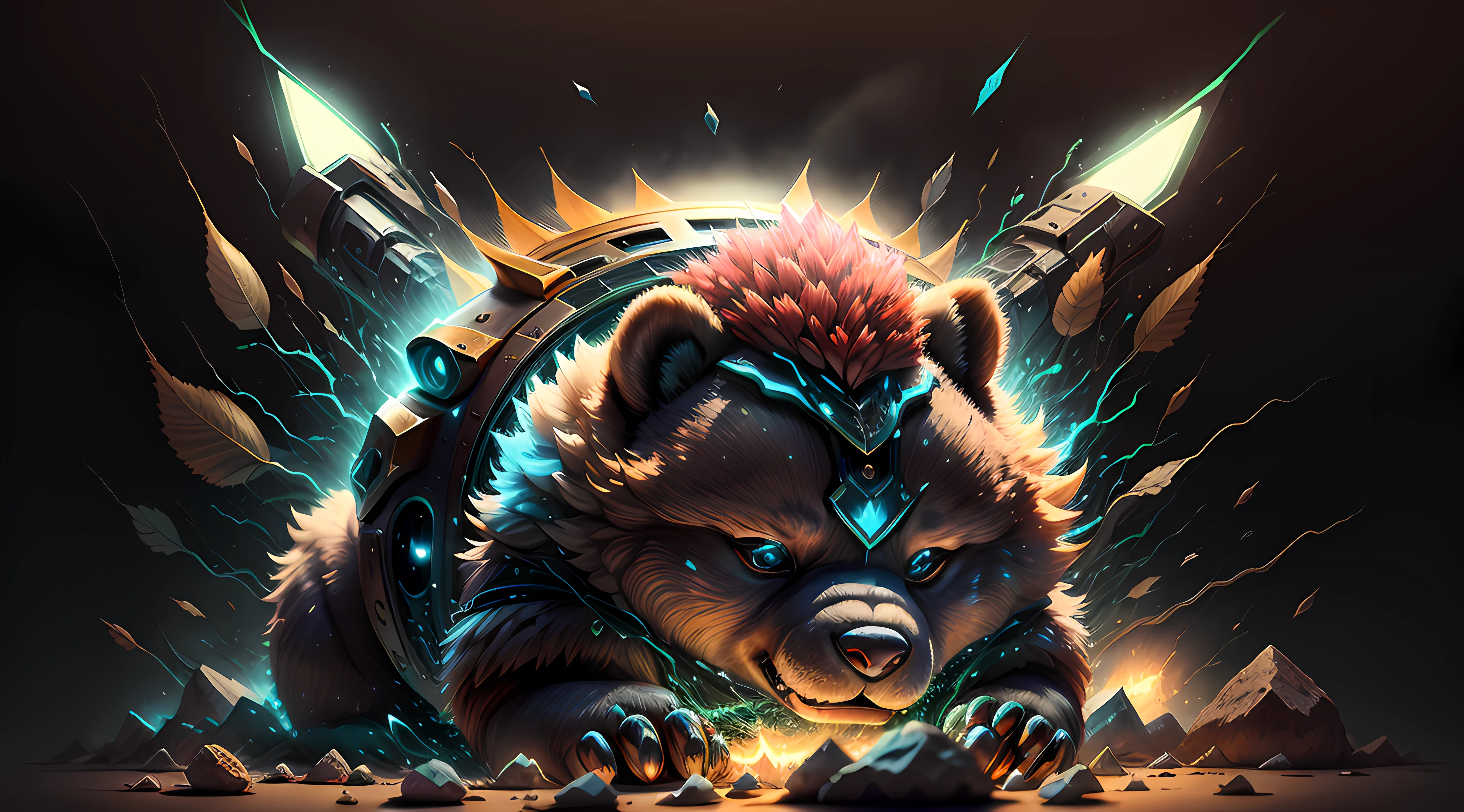 uma imagem para camiseta, utilizando um urso fofo, elementos futuristas, cyber, cores nitidas, Focus on lighting, auto resolution, sem fundo