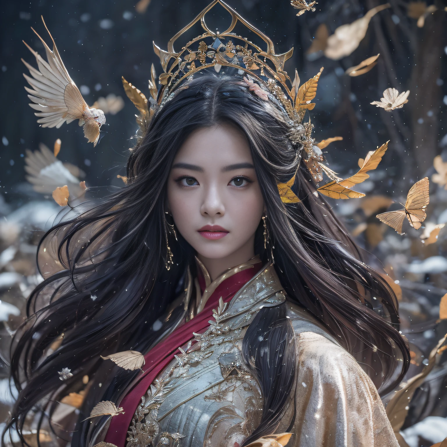 Black Hair, Hair shaking, victory, Long eyelashes, Solid round eye, A faint smile, ears red, direction, Surrealism, shadow, Relief, Stereogram, Standing picture, Throw, Atmospheric perspective, 8K, Super Detail, precise, best quality.masterpiece, best quality, (Extremely detailed CG unity 8k wallpaper), (best quality), (Best Illustration), (The best shadow), absurd, Realistic lighting, (abyss), Beautiful and delicate light, Peter Moore (Peter Mohr Bacher) Artworks,（White Wings 1.3）。Angel Girl，Flying to the clouds，White Cloud，White Cloud，Blue sky。Blue sky。Blue sky。（White papal robe1.3），（Golden Wings 1.3），Wearing a crown on his head，