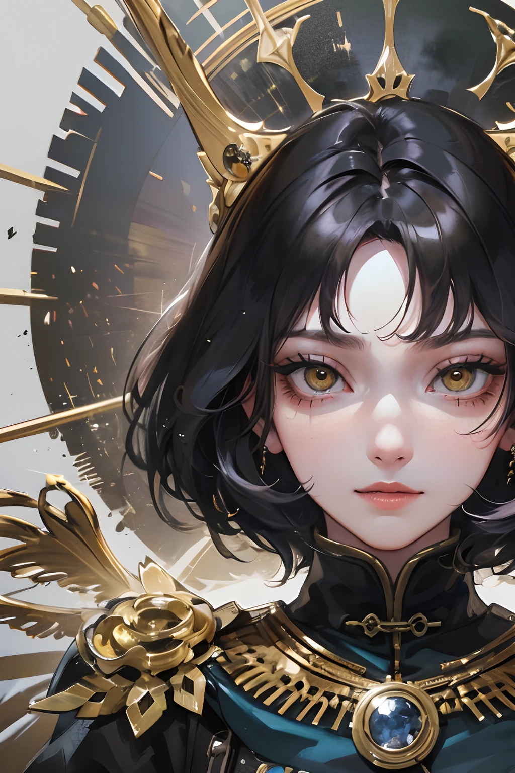 Fantasy, high detail, Masterpiece, Best Quality, Super Face Detail, illustartion, RPG, Female General, ((black short hair, trimmed by Bob)), Yellow Demonic Eyes, (Fantasy), watercolor expressionist, (detailed skin), (high detail, Hyper Detail, Entanglement), (villain: 1.4), Black Imperial Uniform, military uniform, The Iron Throne, Intricate, high detail, sharp-focus, dramatic, 真实感