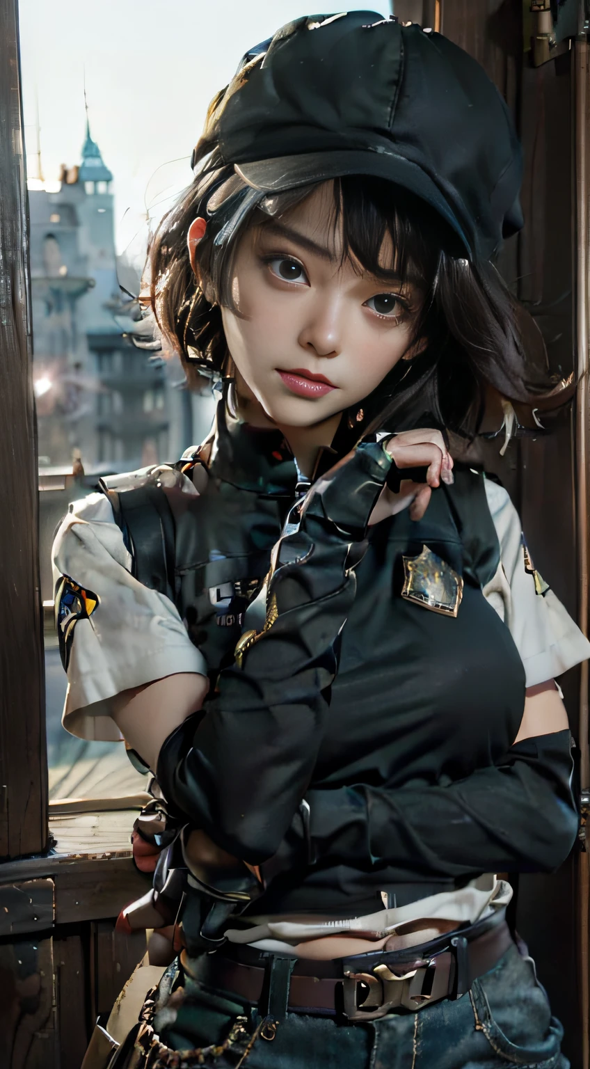 (Masterpiece), Best quality, Expressive eyes, Perfect face, 1girll, Solo, mitts, Hat, talkie, load_bearings_vest, short_Hair, bulletproof_vest, Watch, Police, black_Hair, baseball_wear cap, Gun, Realistic, Looking_at_peeping at the viewer, uniform, Pants, brown_Hair, arma, Police_uniform, Body_Armor, black_mitts, cowboy_Shot, Blindfolds