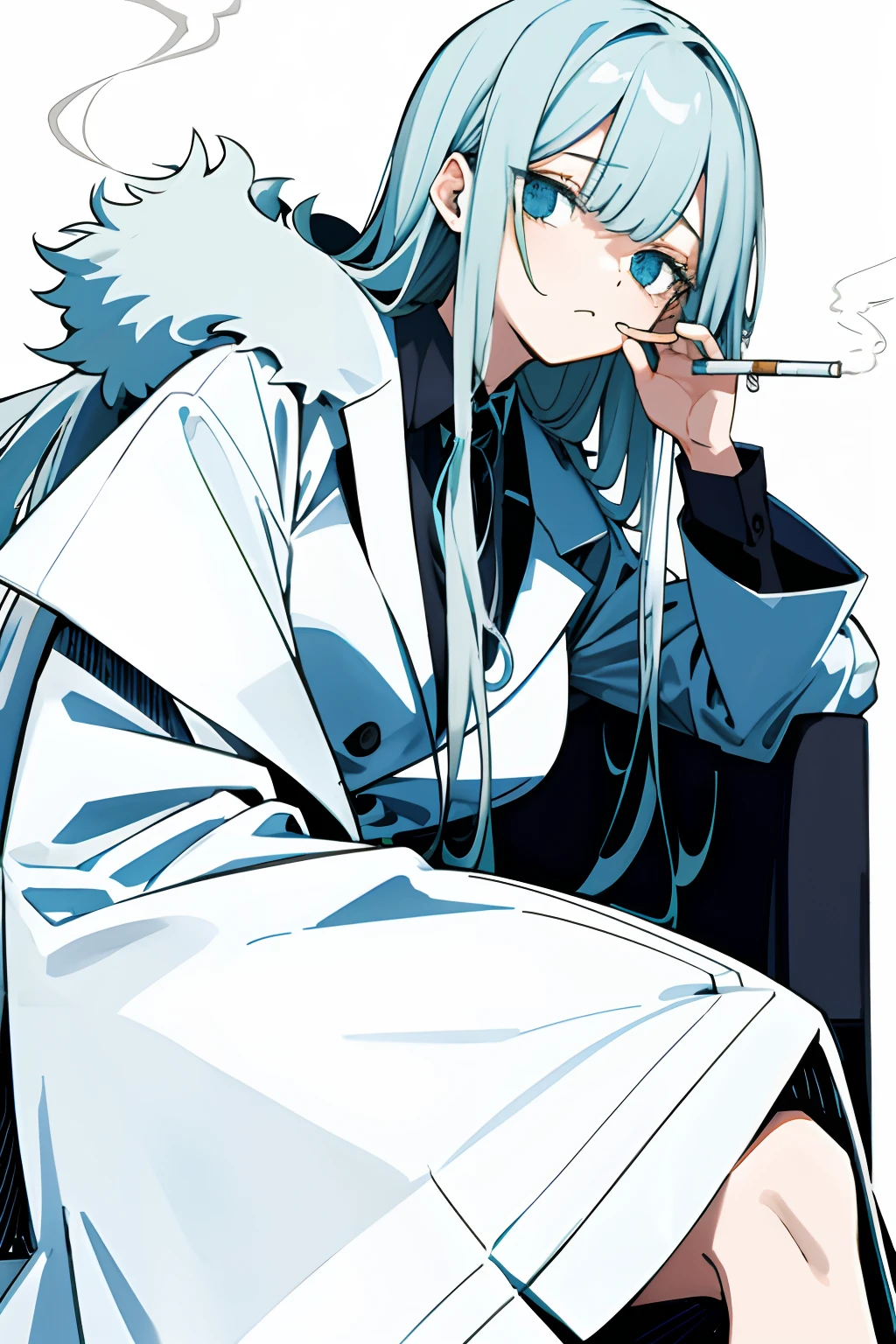 (tmasterpiece,best qualtiy) Medium Shot Shot, A detailed, 1girll, coat large, cigarettes, dead eyes, Chilling, earnestly,