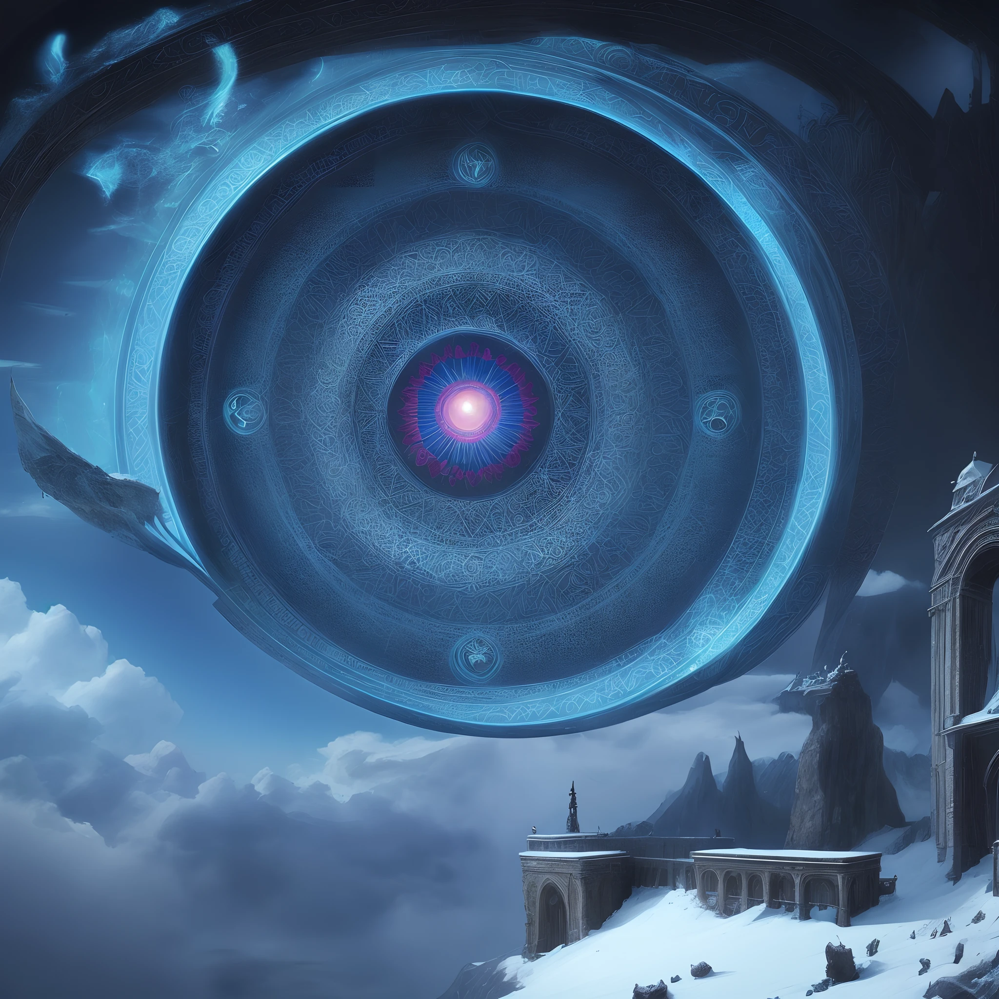 There is an image of a person standing in the snow, O Olho de Deus Rah, 3rd eye, third - eye visions, digital visionary art, mystic eye, o olho de deus, mystical third eye, visuais de outro mundo, canalizando a energia do terceiro olho, visionary art, terceiro olho, arte surreal, all - seeing eye, Vision of the eyes of the gods