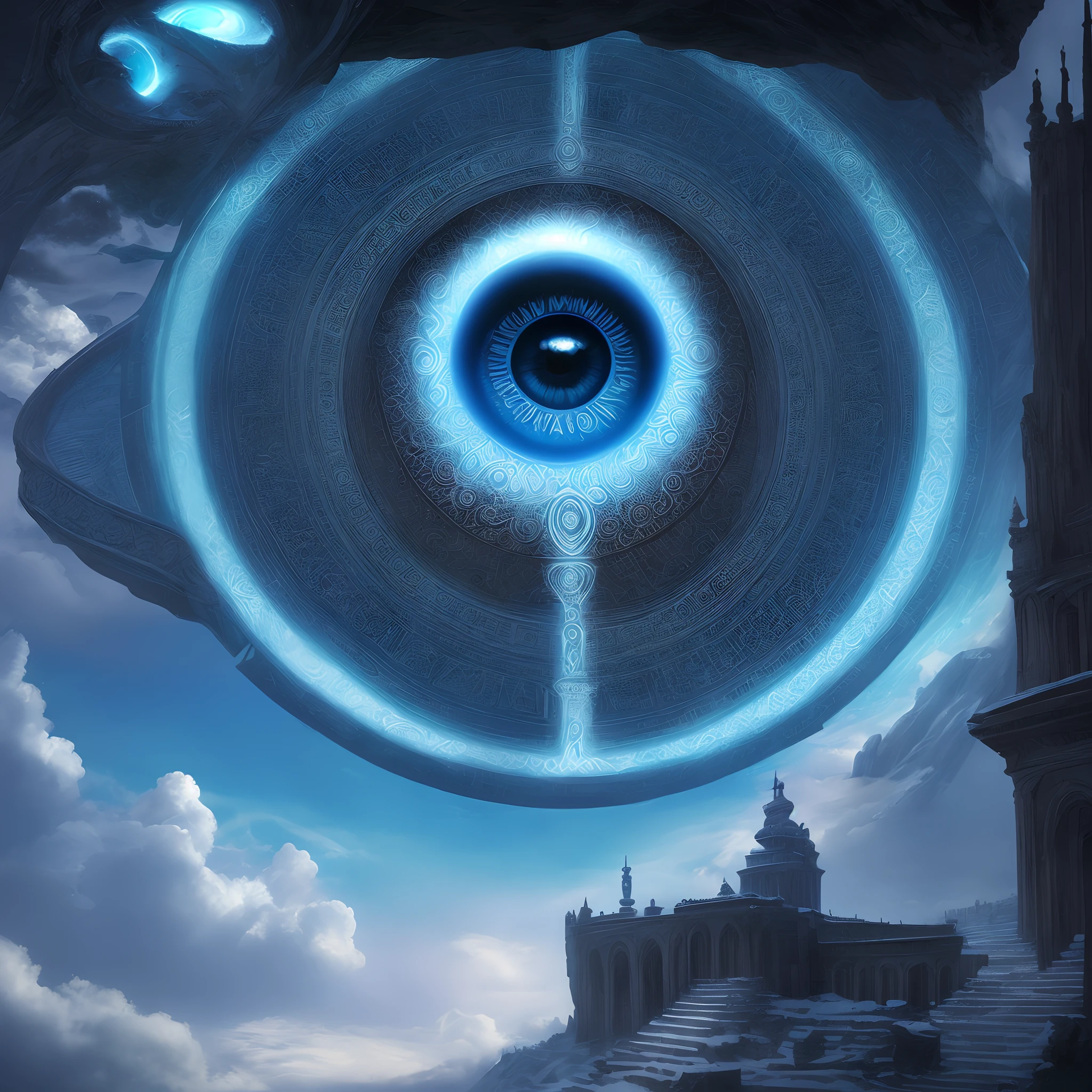 There is an image of a person standing in the snow, O Olho de Deus Rah, 3rd eye, third - eye visions, digital visionary art, mystic eye, o olho de deus, mystical third eye, visuais de outro mundo, canalizando a energia do terceiro olho, visionary art, terceiro olho, arte surreal, all - seeing eye, Vision of the eyes of the gods
