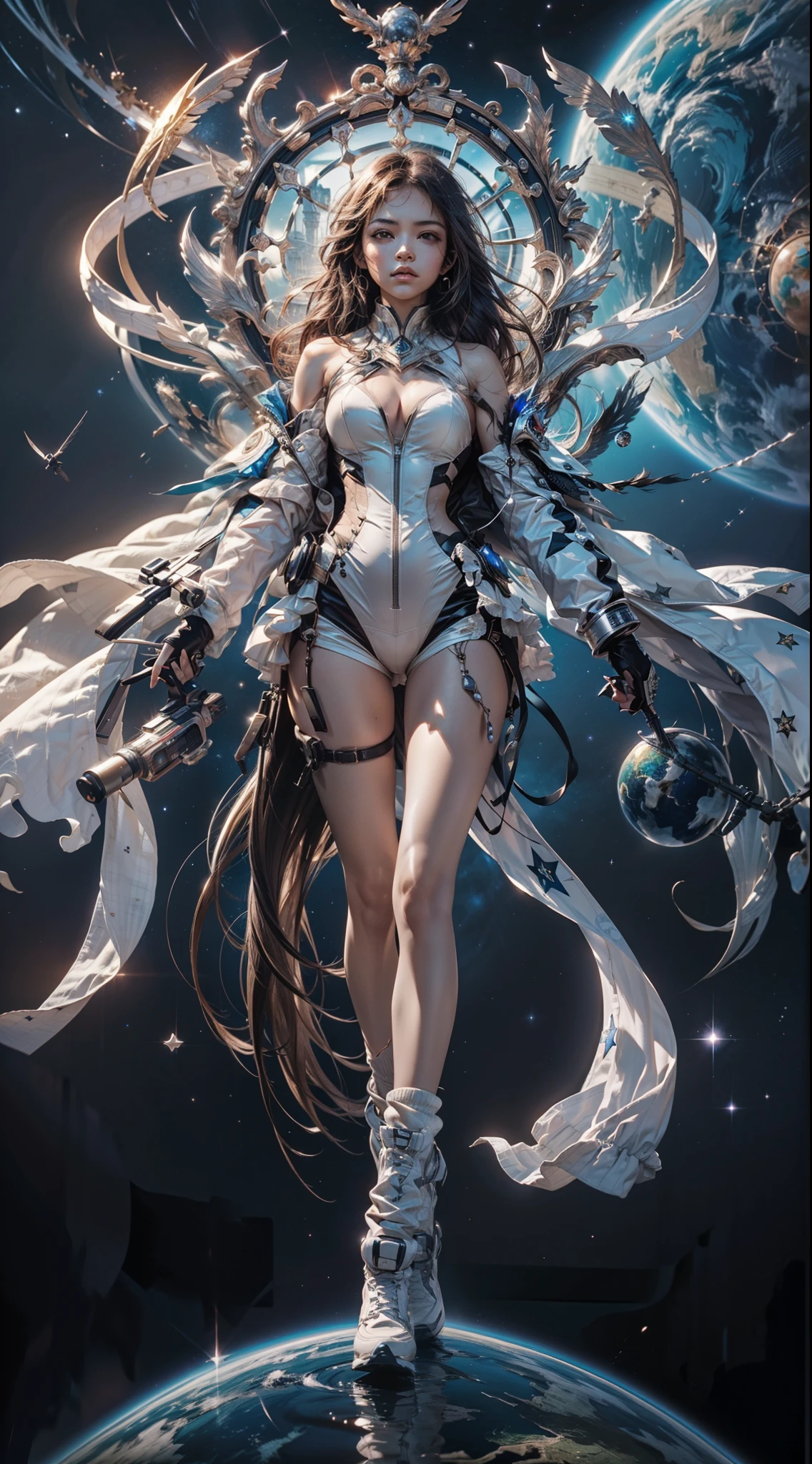 (maximum resolution: 1.2), (Ultra HDTV: 1.2), 8K resolution, Eye and skin detail, detailed facial features, , ( Sharp focus: 1.2), (Focus focus) face: 1.2), Girl standing, On 1 Planet, Pajamas, Outstretched arms, (long hair), Black hair, (spacescape), Many stars.