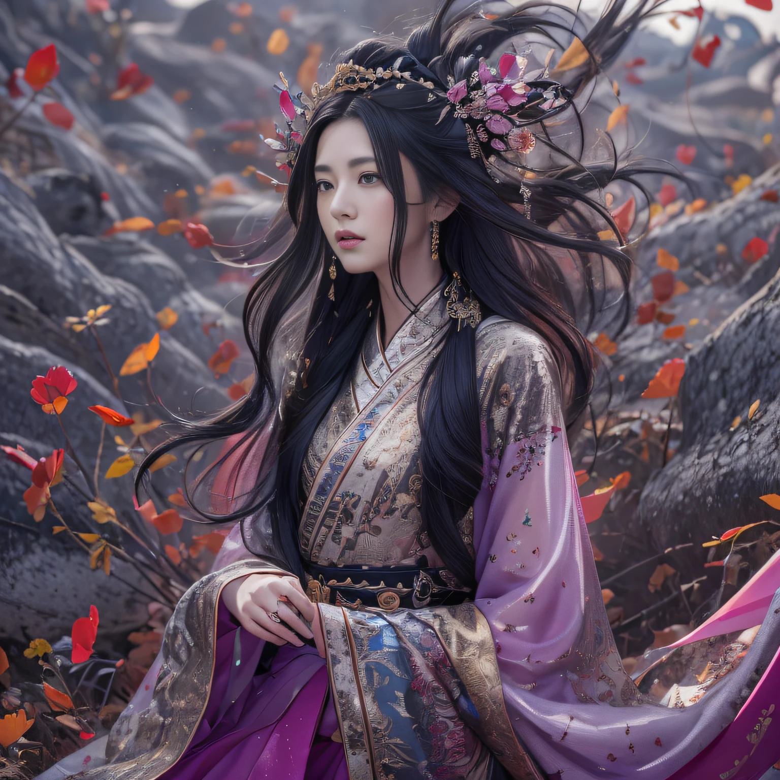 32K(tmasterpiece,k hd,hyper HD,32K)Long flowing black hair,ponds,zydink, a color, Xuzhou people (Seduce girls), (The purple gold scarf of the desert), Combat posture, looking at the ground, long whitr hair, Floating hair, Carp pattern headdress, Chinese long-sleeved silver battle robe, (Abstract gouache splash:1.2), Pink petal background,Tulips flying(realisticlying:1.4),Black color hair,Fallen leaves flutter,The background is pure, A high resolution, the detail, RAW photogr, Sharp Re, Nikon D850 Film Stock Photo by Jefferies Lee 4 Kodak Portra 400 Camera F1.6 shots, Rich colors, ultra-realistic vivid textures, Dramatic lighting, Unreal Engine Art Station Trend, cinestir 800,Long flowing black hair,see-through transparent clothes