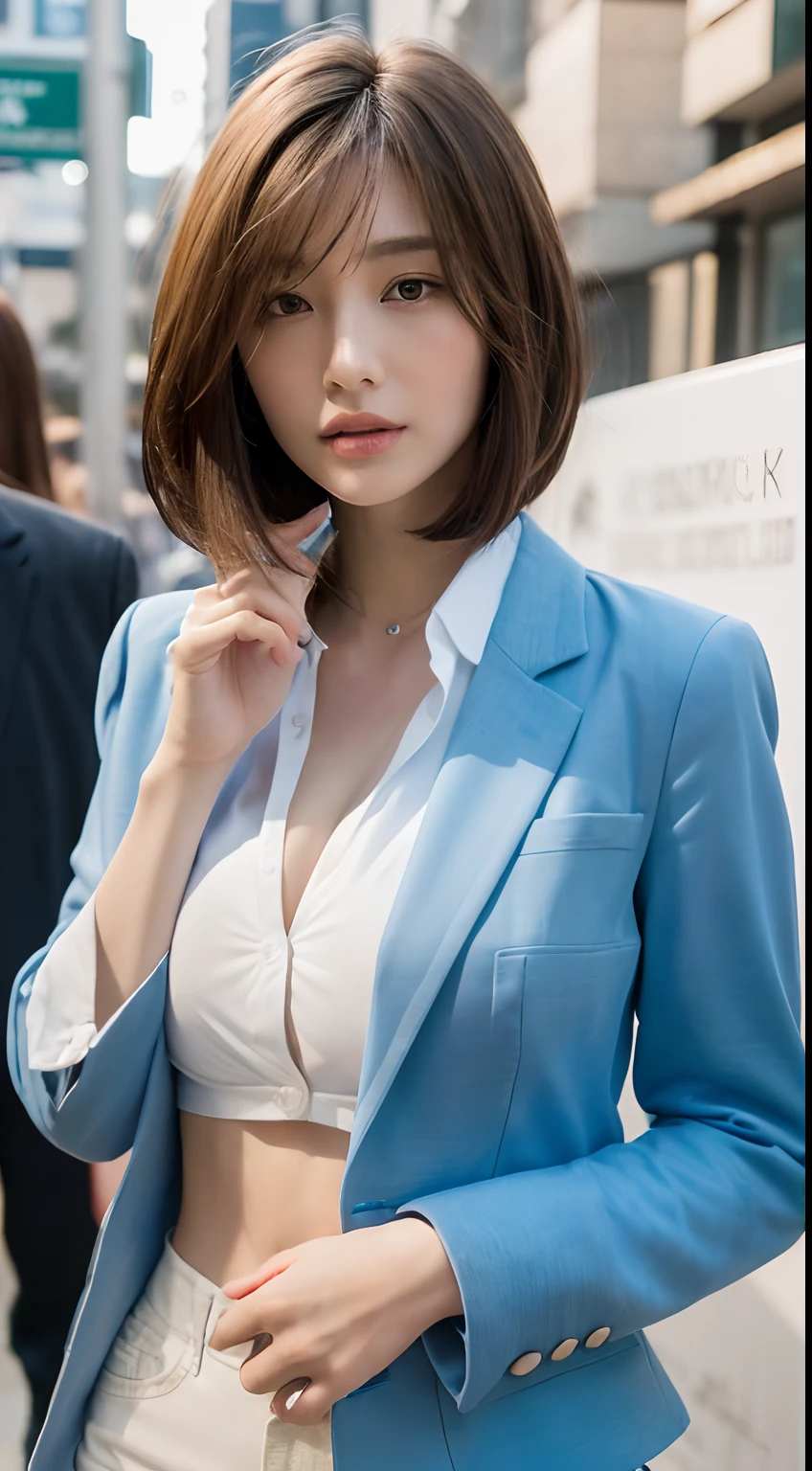 (​masterpiece,top-quality,超A high resolution),A Japanese Lady, (((Very beautiful  girl))), Kawaii Girl、View photographer､Front view,  ((Shorthair)), hyper cute face, Glossy lips, Double eyelids in both eyes,Smiling smile、 Natural makeup, long eyelashes, Glossy and smooth hair quality､central image,  Perfect limbs, Perfect Anatomy,(((White and blue sexy cyberpunk suit skirt)))、((1 Mechanical Girl))