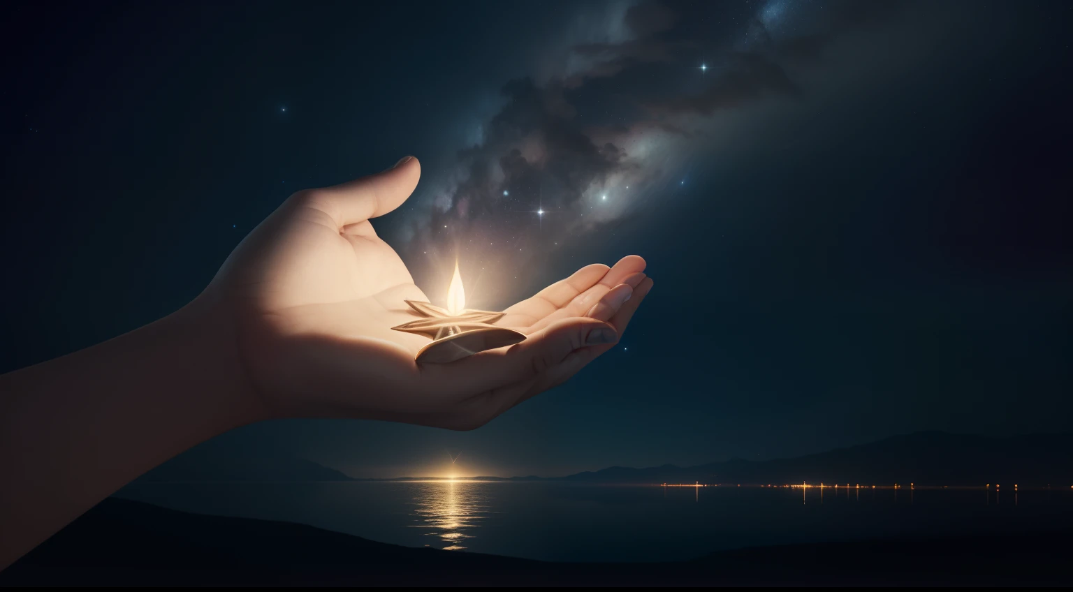 Imagine a heavenly scenario, with the night sky filled with bright stars. In the center of this starry sky, a luminous and transcendental hand begins to form. The hand is enveloped by a soft and radiant aura, que emana uma luz dourada e calorosa.

in the palm of your hand, Two deep scar marks are visible, representing the holes in the nails of Jesus' hands of the crucifixion. These scars are illuminated in a special way, radiating a light even more intense than the rest of the hand.

The scene captures the sense of divine presence, with the hand of Jesus hovering in heaven, emanating a sense of peace, Love and forgiveness. A atmosfera celestial.