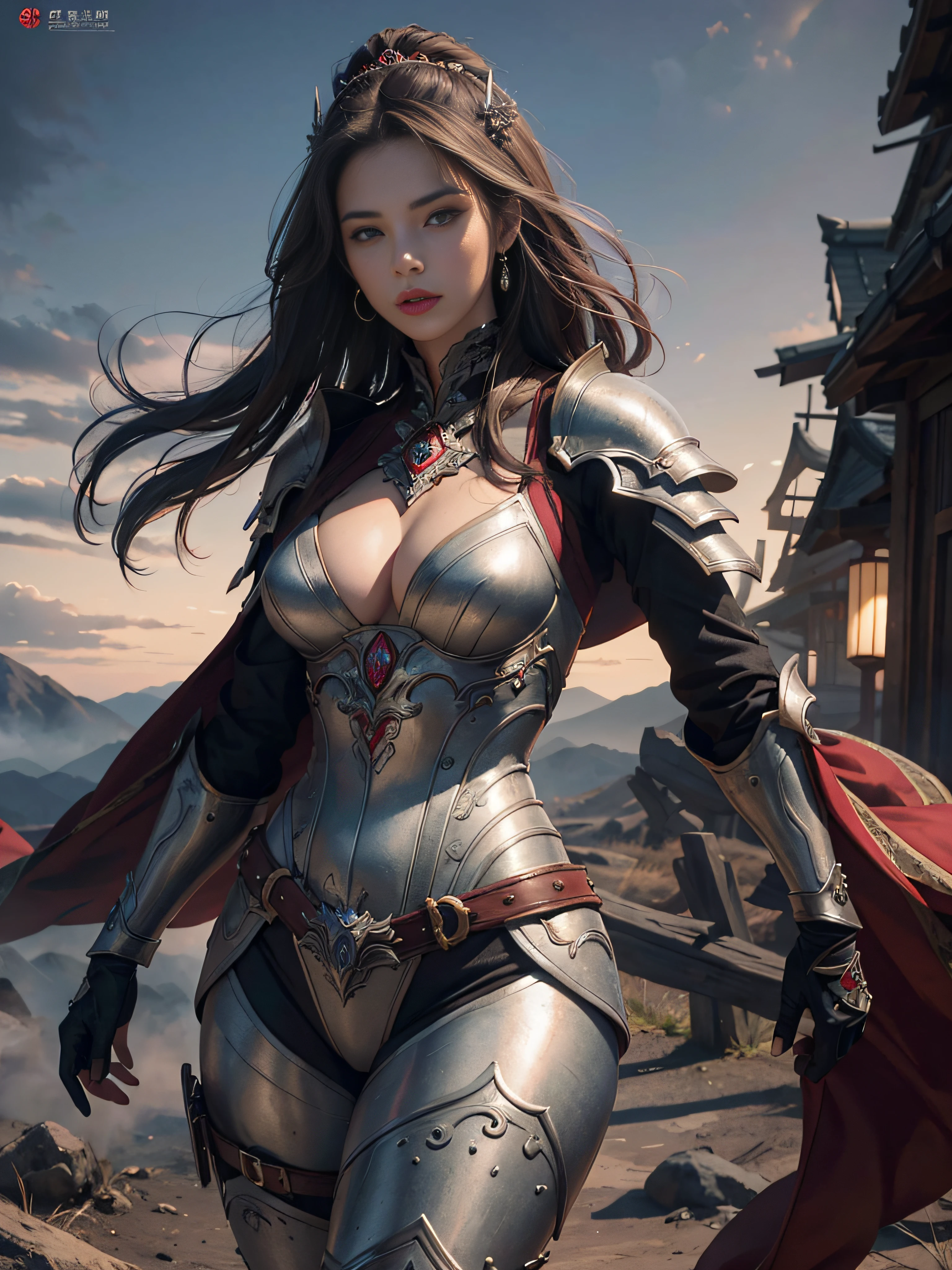 tmasterpiece,A high resolution,Absolutely beautiful,a mature female,Fine and detailed eyes and detailed face,Tall and tall,She wears metal armor,Full armor,Show the armor look、Shogun, allure:(Tall:1.4),haughty,Mature temperament,Ruby eyes,Apply blood-red lipstick to your lips,Wide buttock(big assa:1.4),(Thick thighs:1.4),Majesty,Rich scene detail,In the midst of the war,are standing,action