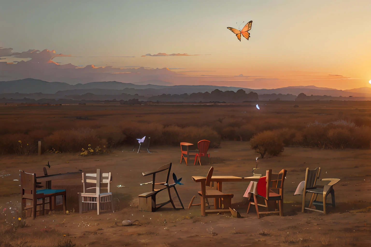 There are many chairs and tables in the countryside,The tree,A butterfly is flying, inspired by Scarlett Hooft Graafland, surreal scene, erik johansson style, Butterflies on a chair, inspired by Jan Kupecký, author:Etienne Dressett, in style of joel meyerowitz, erik johansson, inspired by Chris LaBrooy, Inspired by Isidore Bunkh