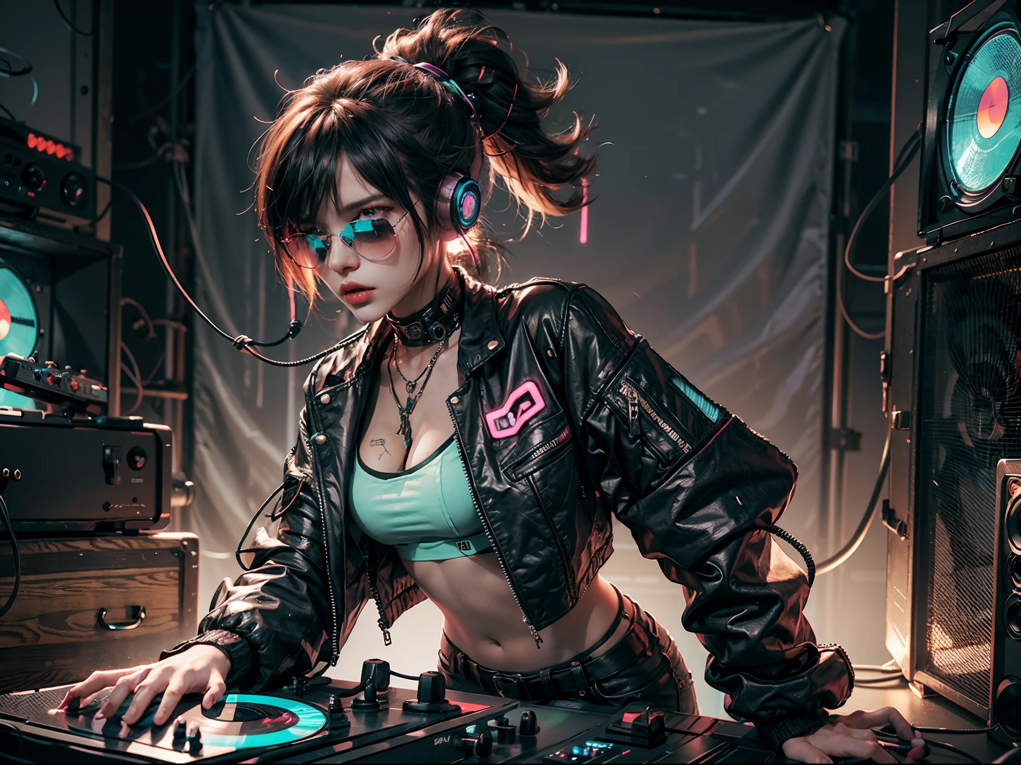 "Cyberpunk DJ girl with cool head set, cool open jacket and crop top shirt, rocking sun glasses, two big LED glowing loudspeakers on each side, immersed in a neon-lit environment, vinyl record on turntable with music mixer and turntable in front of her, exuding an electrifying disco vibe in a futuristic night club."