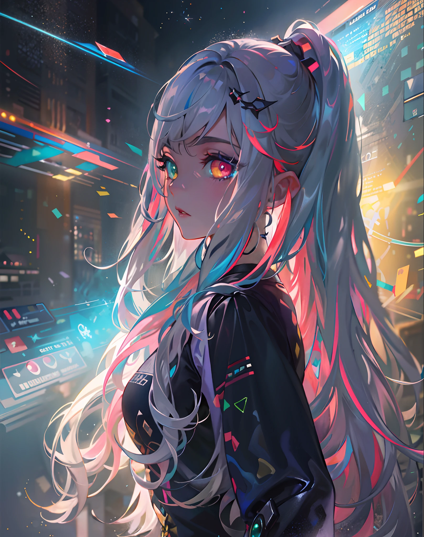 {{masterpiece}}, best quality, extremely detailed CG unity 8k wallpaper, cinematic lighting, lens flare, beautiful detail eyes, black,  side glance,  multicolor hair, colorful light, particles, heterochromia, (colorful:1.5), (colorful hair:1.5),