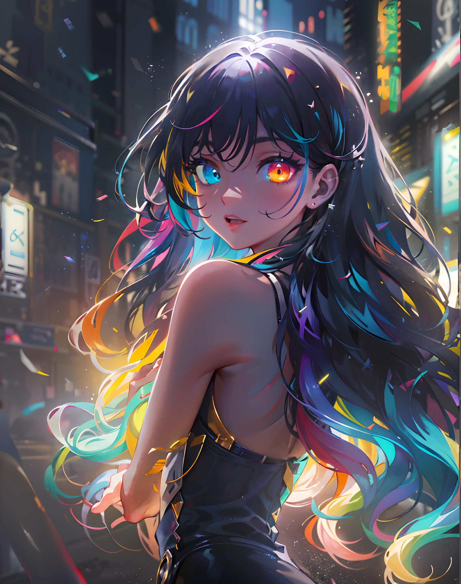 {{masterpiece}}, best quality, extremely detailed CG unity 8k wallpaper, cinematic lighting, lens flare, beautiful detail eyes, black, side glance, multicolor hair, colorful light, particles, heterochromia, (colorful:1.5), (colorful hair:1.5),