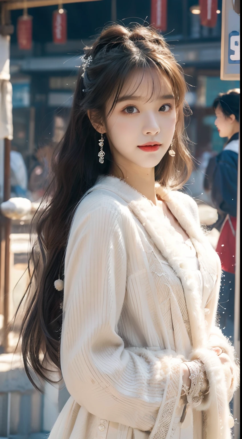 ((best qualtiy,tmasterpiece,超A high resolution)),(realisticlying:1.4),(Korean star poster-like),1girll,From head to thigh,Dynamic posture,adult face,Slim,(ssmile),joy,Reflective eyes,(shiny skins),(contours,frontage),whaite hair,long whitr hair,黑The eye,Top fashion,((White plush coat)),Beautiful costumes,(Lolita costume),围巾,(Real drifting snow:1.5,snow cover,Simple Tokyo streets),(Clear eyes),(Clear nose),(Clear lips),(Fair skin),(Ultra-realistic textile textures),cinmatic lighting,35mm,offcial art,Incredibly Ridiculous res,hugefilesize,