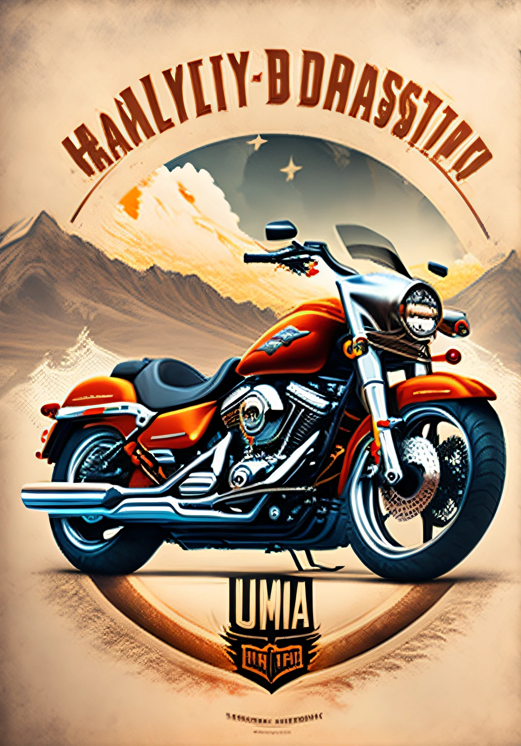 uma motocicleta harley-davidson em uma paisagem de estrada , design de tshirt, rzminjourney, arte vetorial, um carrinho de motociclista ao lado da motocicleta com traje de motor,