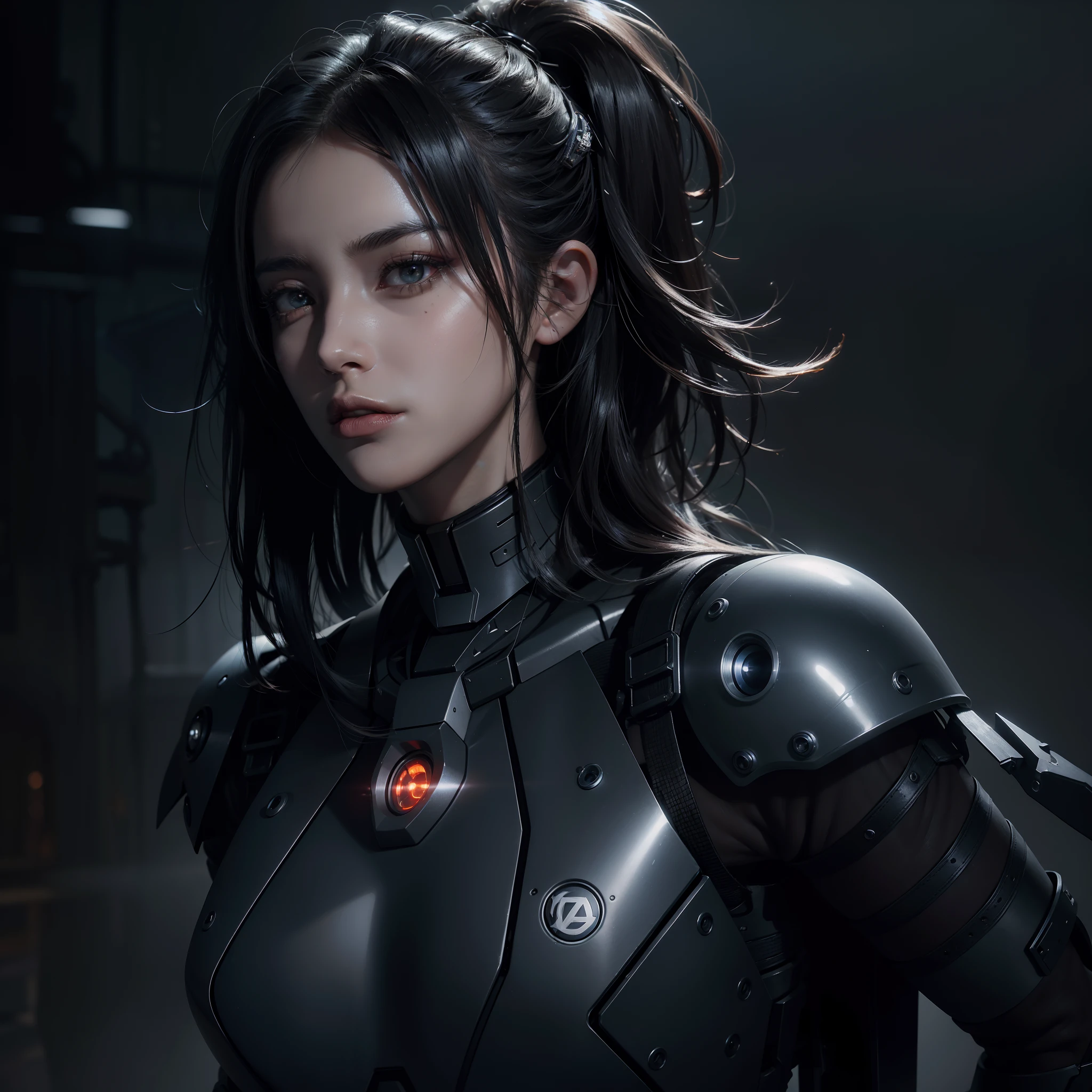 a beautiful woman cyborg warrior in the Style-RustMagic, cyberpunk augmentation, cyberware, Cyborg, carbon fibers, Chrome, Implants, metal skull, Cyber plate armor, (Dark atmosphere:1.2), (Heavy fog & Smoke), (Dark night:1.3), the scars, (dark medium length disheveled hair:1.1), (eye shadows:1.1), (beautifully detailed glow:1.2), (Cinematic lighting), intricately details, A high resolution, Rounded eyes, Detailed facial features, Sharp focus, smooth, Aesthetic, detailed dark industrial factory background, Stylish pose, Dynamic pose, (dramapaint), (OPT-6000:0.9)