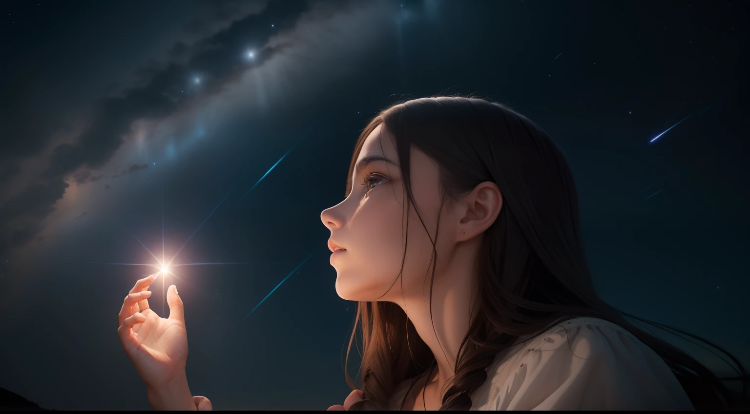 Imagine a heavenly scenario, with the night sky filled with bright stars. In the center of this starry sky, a luminous and transcendental hand begins to form. The hand is enveloped by a soft and radiant aura, que emana uma luz dourada e calorosa.

in the palm of your hand, Two deep scar marks are visible, representing the holes in the nails of Jesus' hands of the crucifixion. These scars are illuminated in a special way, radiating a light even more intense than the rest of the hand.

The scene captures the sense of divine presence, with the hand of Jesus hovering in heaven, emanating a sense of peace, Love and forgiveness. A atmosfera celestial.
