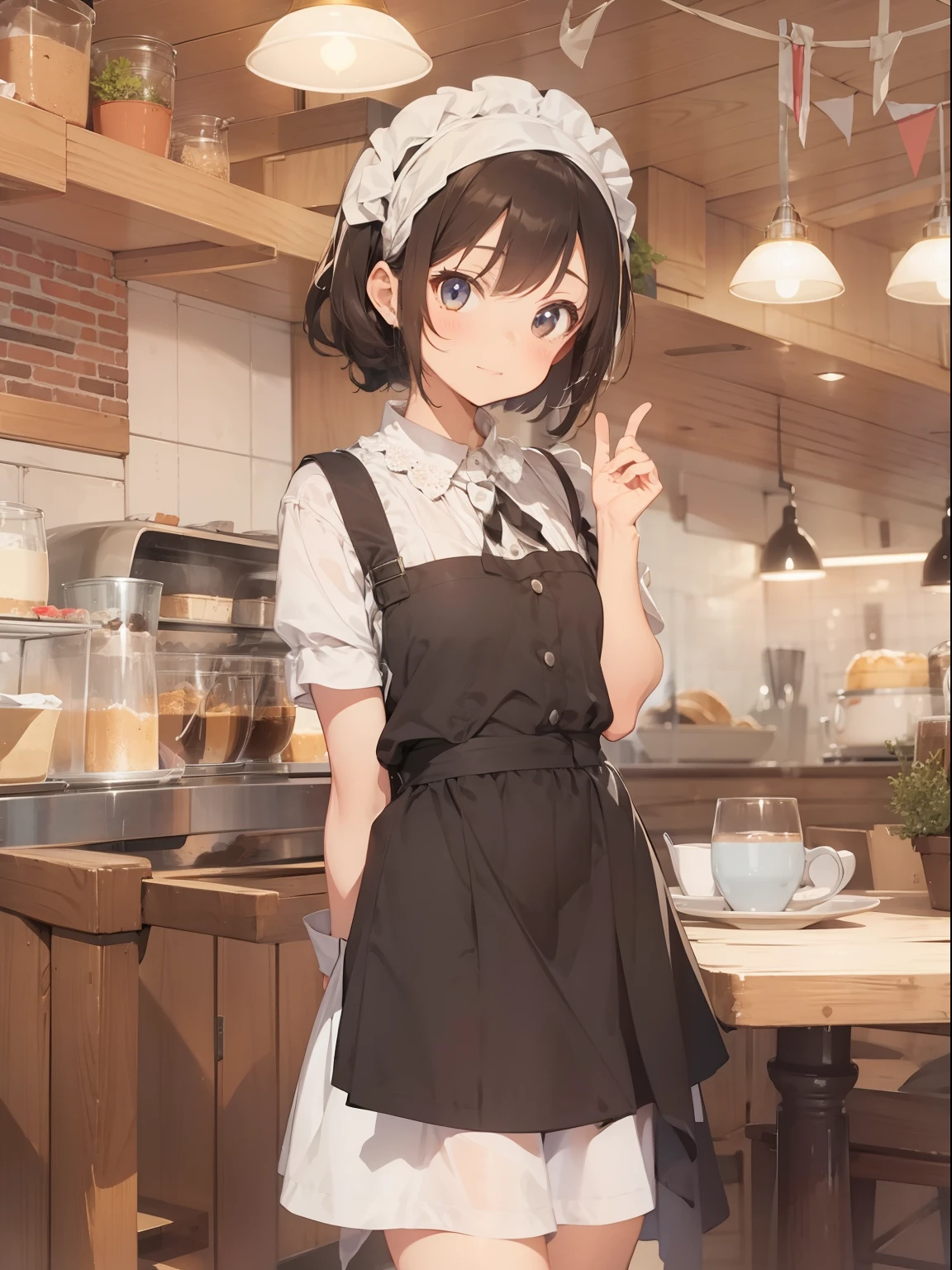 最好质量、1girl in、maid、garterbelts、sora、a cute 、Lustrous skin、24 years old、Shines、High contrast、Tempting、Sensual milf, Working in a café,Stylish café、 big tit、White blouse、Black skirt、Sleeveless、White headband、twintails、short cut hair、Random angles、Smiling and mouth closed、Brown hair、Very beautiful eyes、Brown eyes、Attractive thighs、Cute costumes