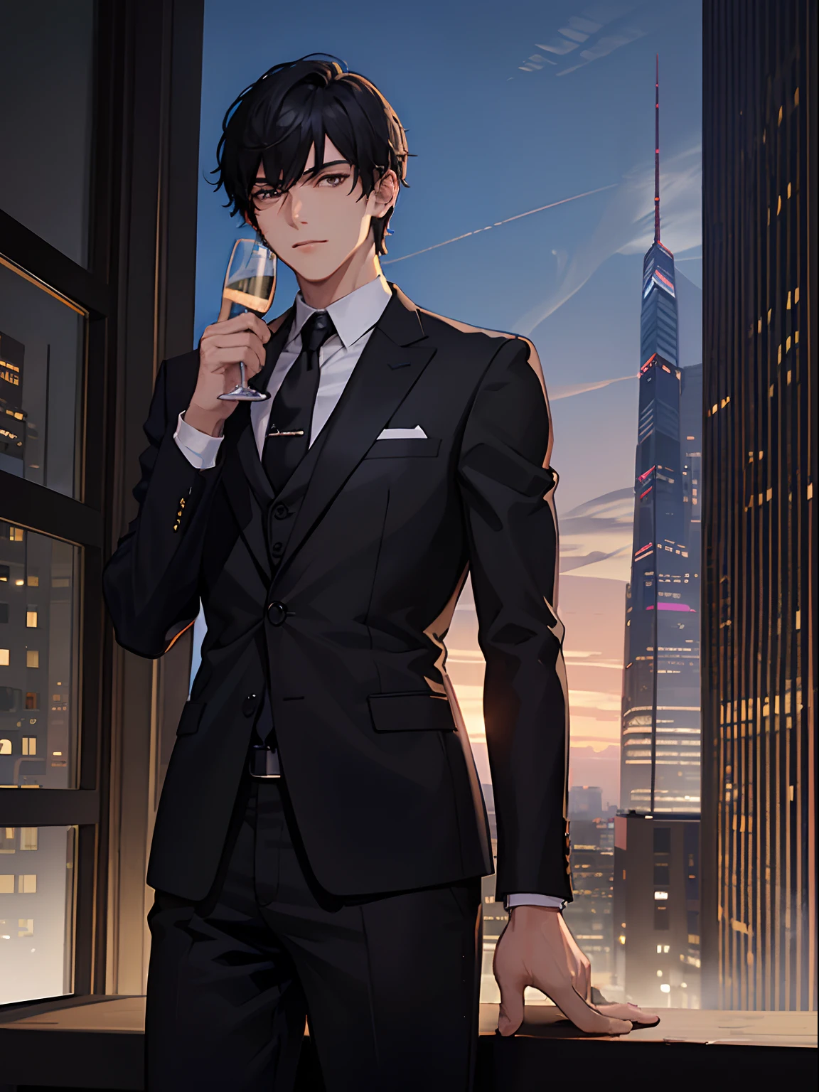 (A teenager in a suit with short black hair: 1.4), a wealthy businessman stands at the top of a skyscraper, overlooking the vast cityscape, feeling a sense of power and accomplishment: it is a fine and luxurious work, quality guaranteed, excellent design, and the city is even more dazzling against the setting sun. The businessman wears a tailor-made suit and holds champagne and is surrounded by his loyal associates and employees, a skyscraper and bustling street symbolizing his success. Makes a sense of his power and position, as well as his wealth and achievements, masterpiece, the best quality, CG extremely detailed, fine eye, hyper-detail, intricate details: 1.2), 8k wallpaper, beautiful features