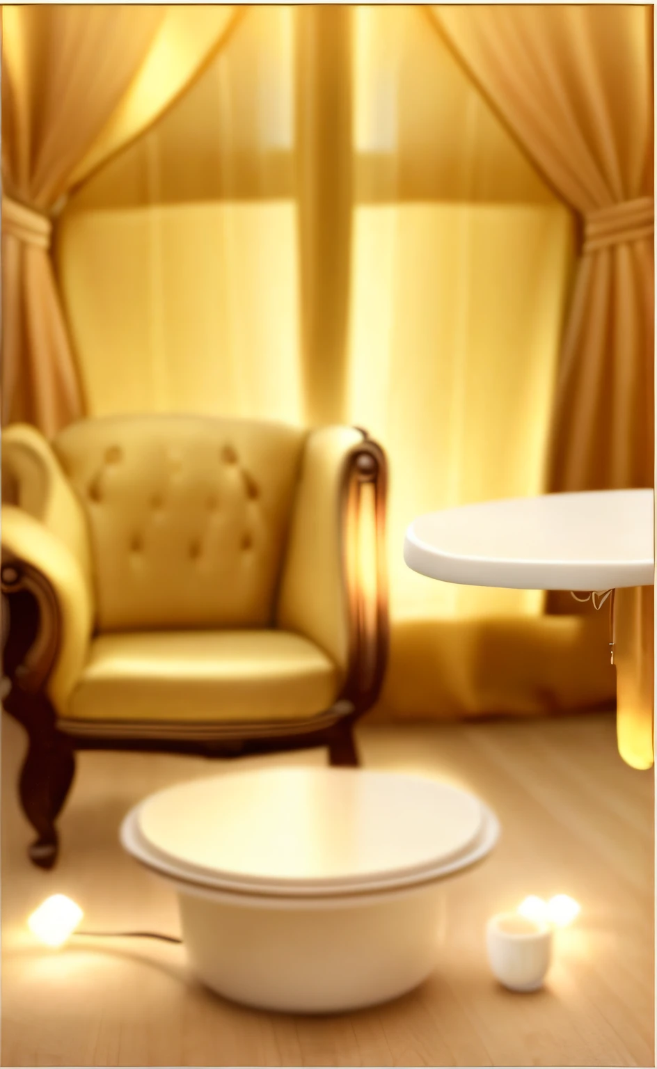 ((Realistic lighting, best qualtiy, 8k, tmasterpiece:1.3)), sharp fokus:1.2, The yellow top hat has a delicate bow on it；Next to the top hat is a delicate gift box；There was a plush dark carpet on the floor；Gorgeous queen sofa with gold trim；There is a white table next to the sofa；The background is windows and very textured good-looking curtains；Ultra-detailed rendering style，Detail portrayal；Interior architecture；Light and dark light and shadow