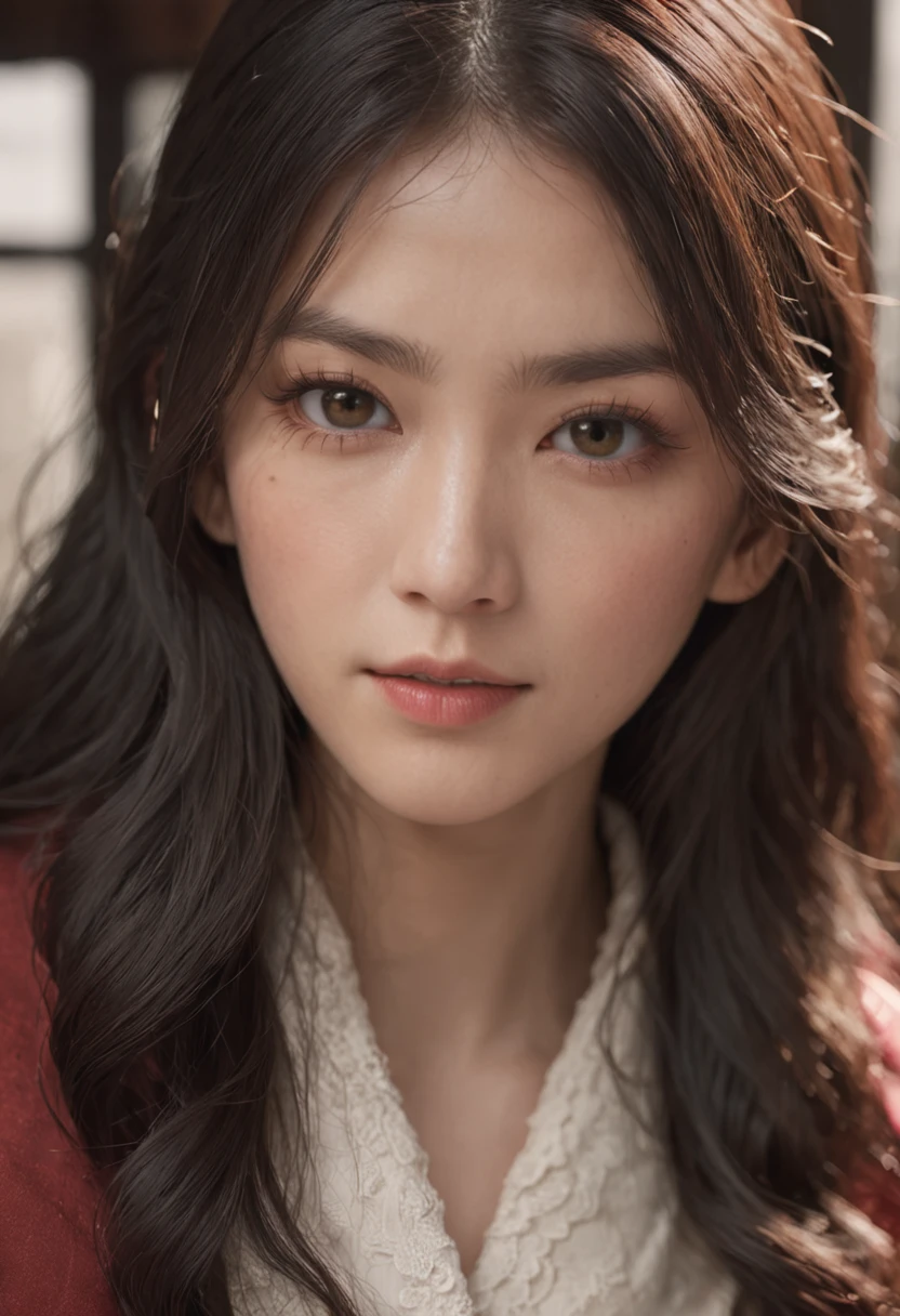 (best quality, photo-realistic, masterpiece:1.3), a close-up shot of a (Japanese girl:1.2) with (long disheveled black hair:1.2), her (yellow eyes:1.3) radiating a captivating glow, (perfectly symmetrical face:1.3) with subtle and flawless makeup, wearing a loose-fitting red coat, (emphasis on her enchanting eyes:1.3), as she leans against the window in her room, gazing outward, her expression a gentle and cheerful one, a glimpse into the warmth and joy she holds within, Cinematic, Hyper-detailed, insane details, beautifully color graded, Super-Resolution, Megapixel, Cinematic Lightning, Post Processing, Post Production, Tone Mapping Insanely detailed and intricate, Hyper maximalist, Volumetric, Photorealistic, ultra photoreal, ultra-detailed, intricate details, 8K, Super detailed, Full color, Volumetric lightning, HDR, Sharp focus,
Camera Model: Canon EOS R6,
Lens: Canon RF 50mm f/1.2L USM