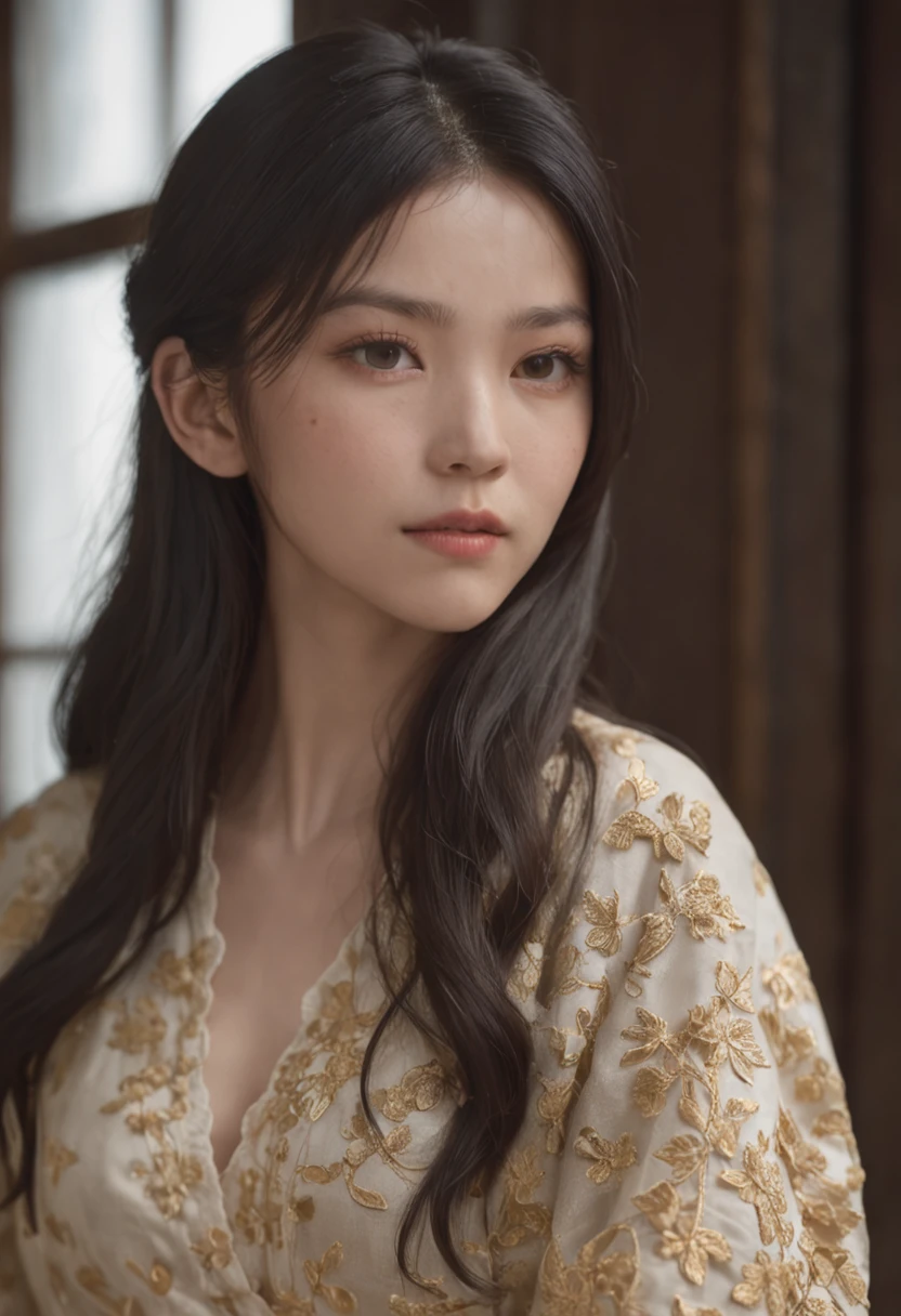 (best quality, photo-realistic, masterpiece:1.3), a close-up shot of a (Japanese girl:1.2) with (long disheveled black hair:1.2), her (yellow eyes:1.3) radiating a captivating glow, (perfectly symmetrical face:1.3) with subtle and flawless makeup, wearing a loose-fitting red coat, (emphasis on her enchanting eyes:1.3), as she leans against the window in her room, gazing outward, her expression a gentle and cheerful one, a glimpse into the warmth and joy she holds within, Cinematic, Hyper-detailed, insane details, beautifully color graded, Super-Resolution, Megapixel, Cinematic Lightning, Post Processing, Post Production, Tone Mapping Insanely detailed and intricate, Hyper maximalist, Volumetric, Photorealistic, ultra photoreal, ultra-detailed, intricate details, 8K, Super detailed, Full color, Volumetric lightning, HDR, Sharp focus,
Camera Model: Canon EOS R6,
Lens: Canon RF 50mm f/1.2L USM