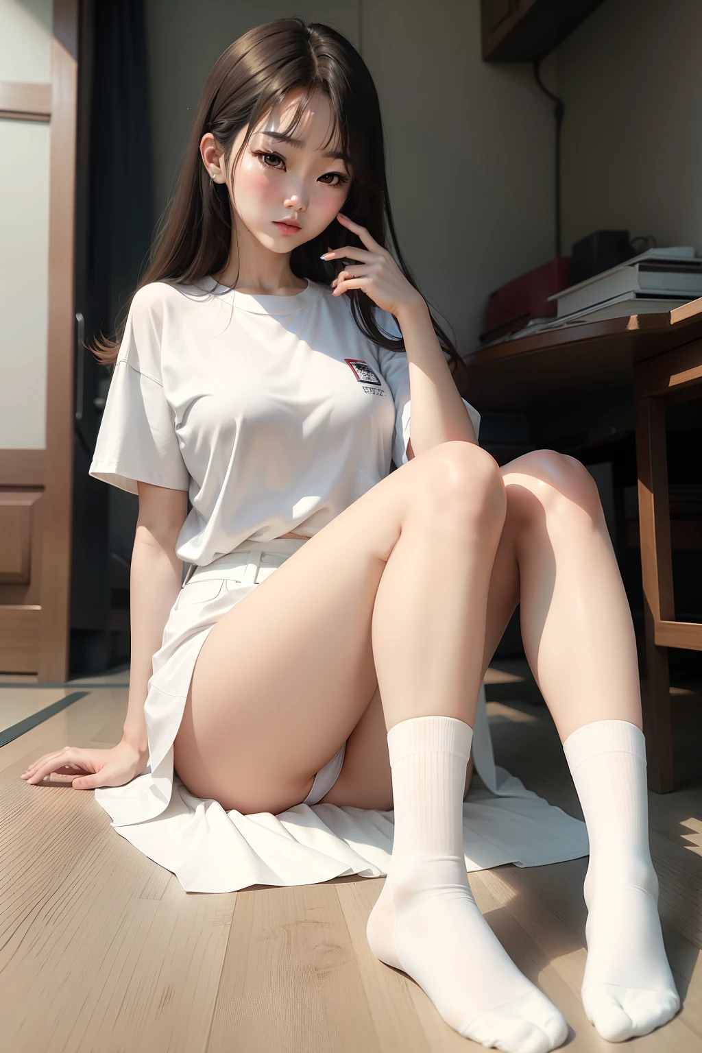 Korean style beauty，Wear a white shirt，There is only a pair of white socks on the feet，There are no pants and panties on the lower body