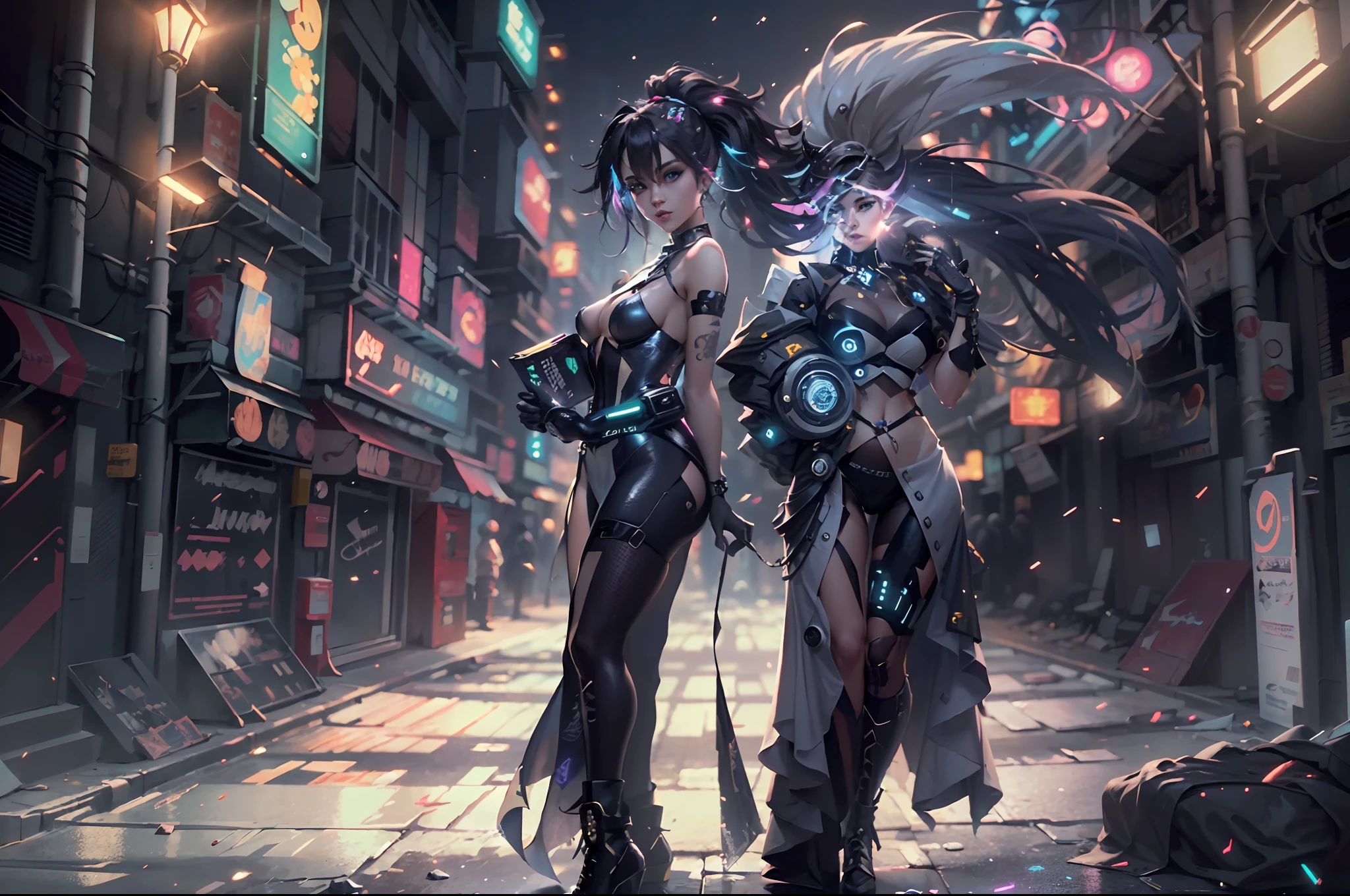 Walking through the dark and oppressive streets of a cyberpunk city, stunning beauty, a young woman full of charm and mystery, dressed in clothes perfectly suited to the futuristic setting, hair shines in vivid and irreverent tones, adorned by futuristic and technological embellishments, perfect clothes of aesthetics and functionality, mixture of sparkles and textures that capture the light in a mesmerizing way. The environment around him seems to light up and come to life, as if it had been transformed by his presence, walking with confidence and gracefulness through the streets, epic scene,