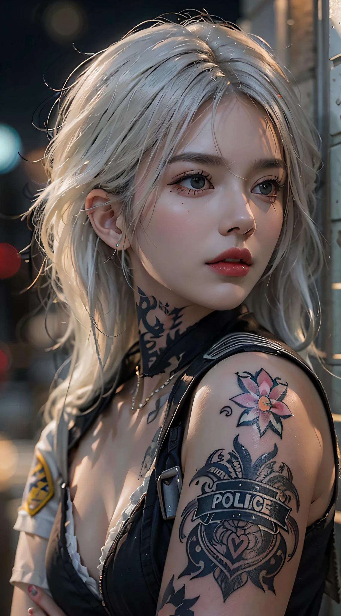 Photorealistic, very high res, Soft light,1womanl, Solo, Hips up, (Detailed face),tattoo, jewelry, Night City, Police uniform, White hair