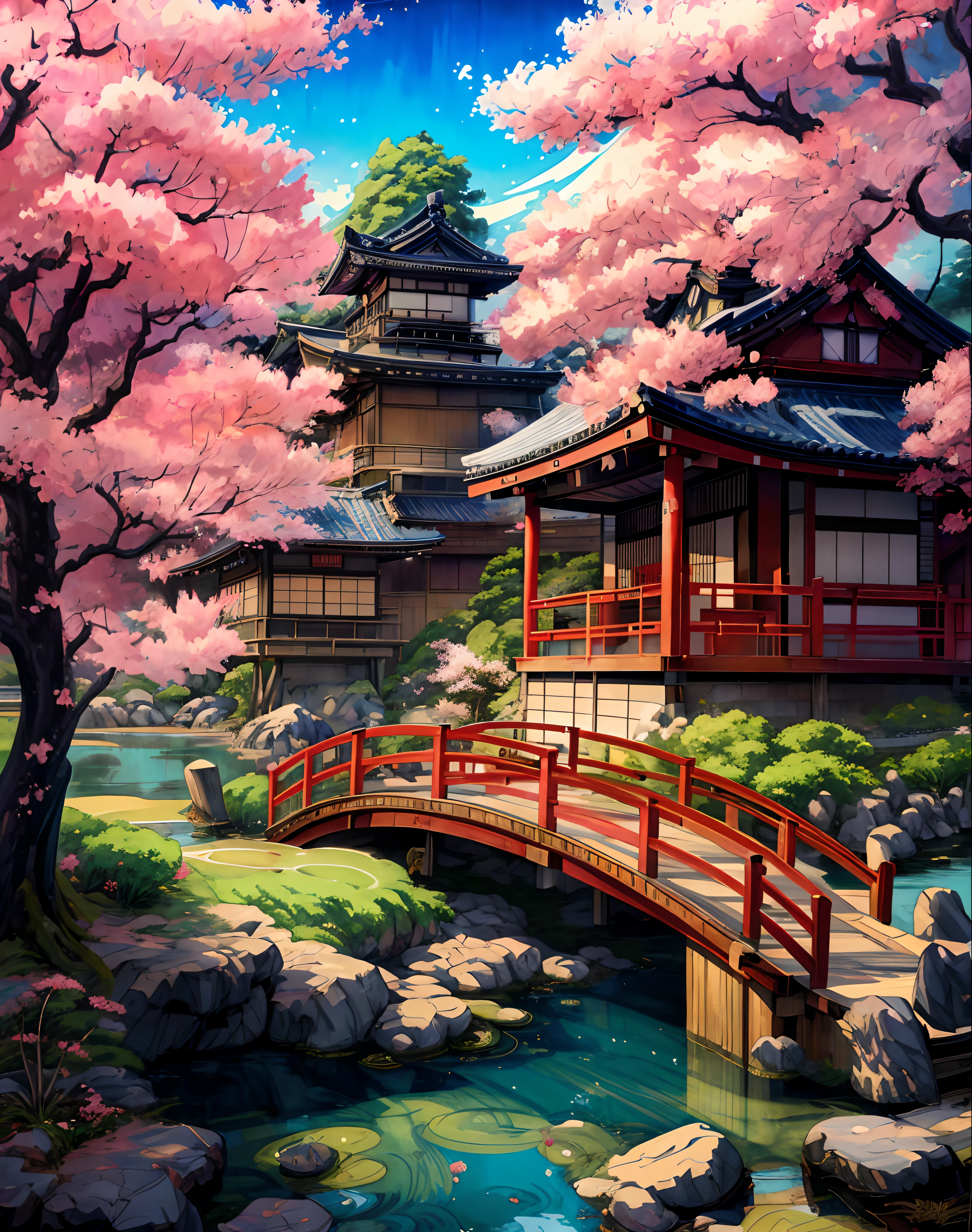 a painting of a japanese house with a bridge and a pond, anime background art, japanese art style, beautiful anime scenery, anime background, anime beautiful peace scene, scenery art detailed, amazing wallpaper, scenery artwork, japanese village, anime nature wallpap, traditional japanese concept art, anime countryside landscape, background artwork, 8k high quality detailed art, beautiful wallpaper