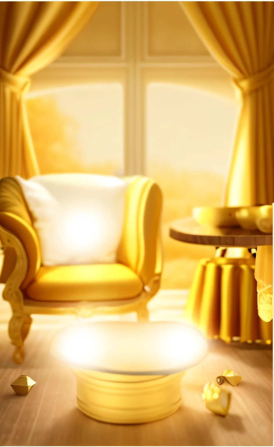 ((Realistic lighting, best qualtiy, 8k, tmasterpiece:1.3)), sharp fokus:1.2, The yellow top hat has a delicate bow on it；Next to the top hat is a delicate gift box；There was a plush dark carpet on the floor；Gorgeous queen sofa with gold trim；There is a white table next to the sofa；The background is windows and very textured good-looking curtains；Ultra-detailed rendering style，Detail portrayal；Interior architecture；Light and dark light and shadow