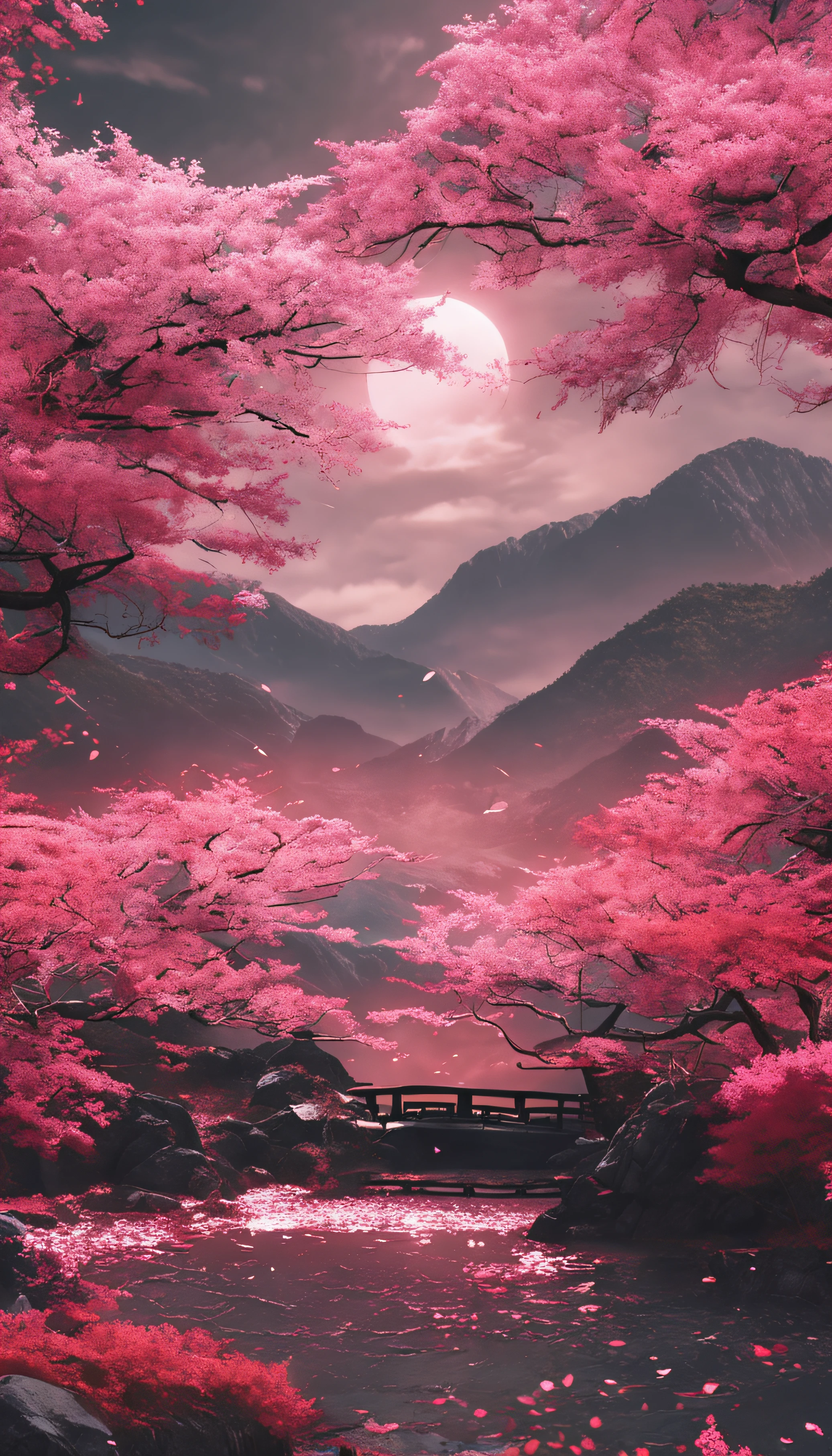 Danfeng Eyes，bushido，The upper part of the body，Black coiled hair，Simple hairpins，Cold eyes，solo person，orthofacial，frontage，Peach blossom background，Highly saturated colors，Hyper Real，8K high-definition，holding a longsword，Absolutely beautiful，high light，plethora of colors