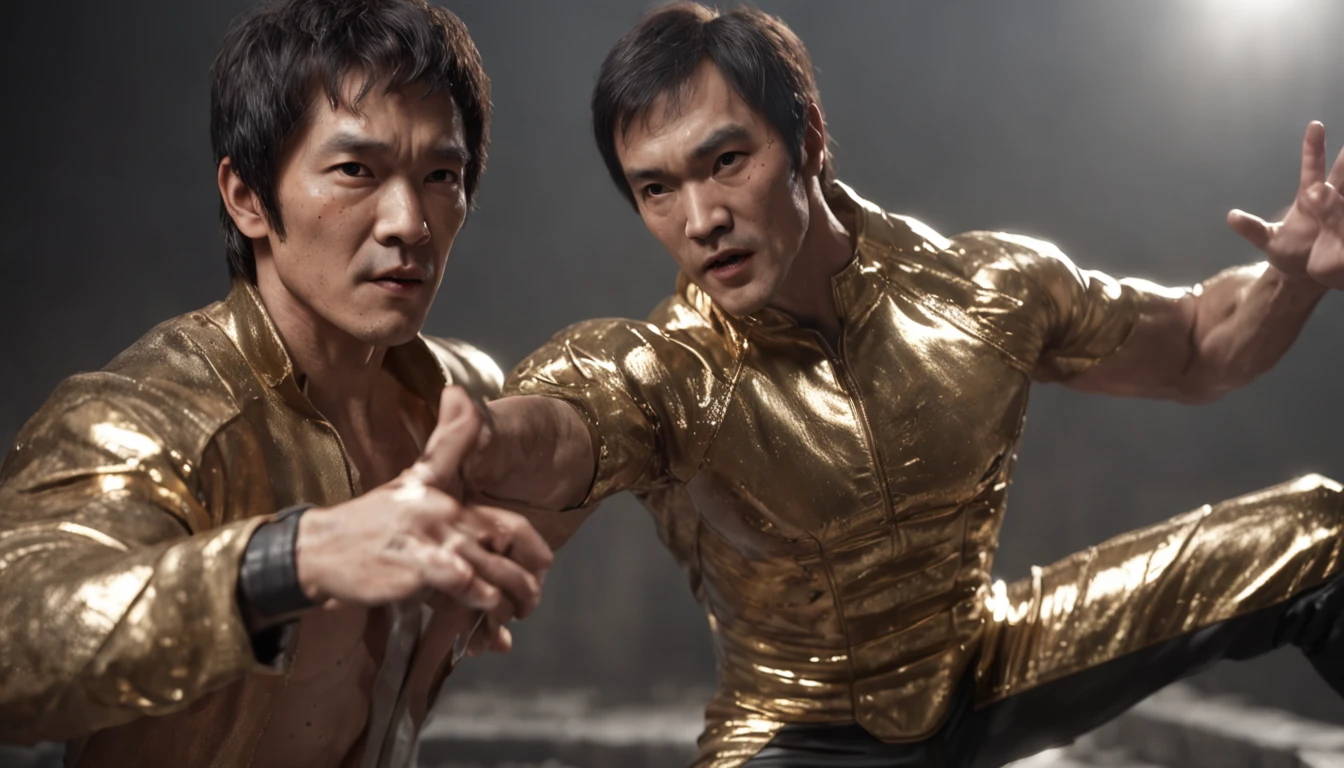 Bruce lee(professional 3d render:1.3) Thick gold wire rimmed reflective sunglasses(Realistic:1.3) most beautiful artwork photo in the world，Features soft and shiny male heroes, ((Epic heroes，Male rough，Wet hero rage，Looks long hair，Short beard and ferocious expression in dynamic pose, Fantastic location, Majestic cluttered environment)), Full body 32K unified rendering, action  shot, skin pore, very dark lighting, heavyshading, Detailed, Detailed face, (vibrant, photograph realistic, Realistic, Dramatic, Dark, Sharp focus, 8K), (Old leather garments damaged by weathering:1.4), ((((Wear fur)))), (Intricate:1.4), decadent, (Highly detailed:1.4), Digital painting, rendering by octane, art  stations, concept-art, smooth, Sharp focus, illustration, Art germ, (loish:0.23), wlop ilya kuvshinov, and greg rutkowski and alphonse mucha gracias, (Global illumination, Studio light, volumettic light), heavy rain, particles floating, lotr, fantasy, elf, full bodyesbian, ((Dark and ancient city background:1.3)),CGSesociety,art  stations，Works of masters