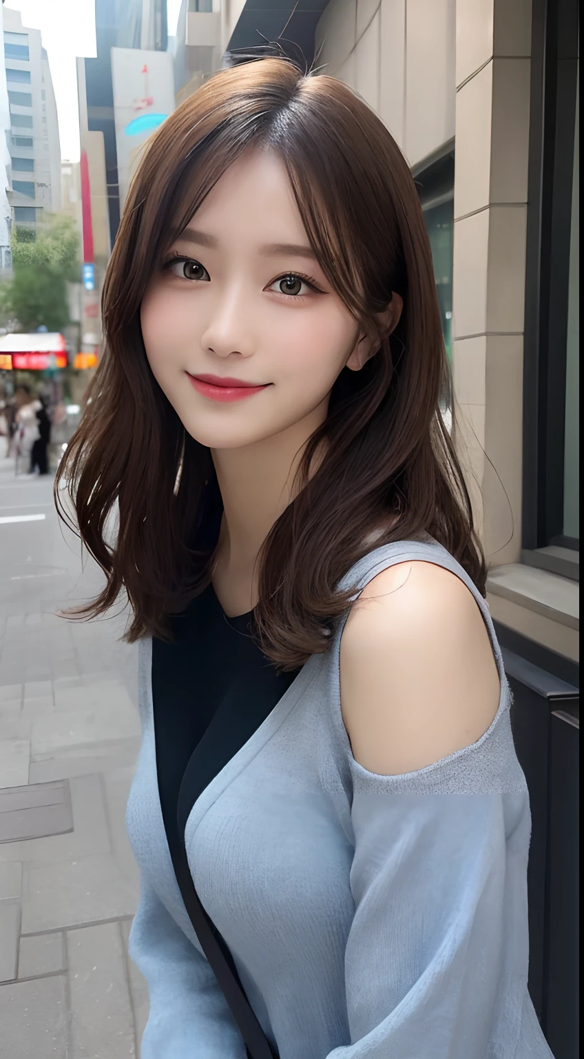 masutepiece, Best Quality, Illustration, Ultra-detailed, finely detail, hight resolution, 8K Wallpaper, Perfect dynamic composition, Beautiful detailed eyes, doress,Medium Hair, Mid-chest, Natural Color Lip, Random and sexy poses,Smile,Aoyama Street Walk、20 years girl