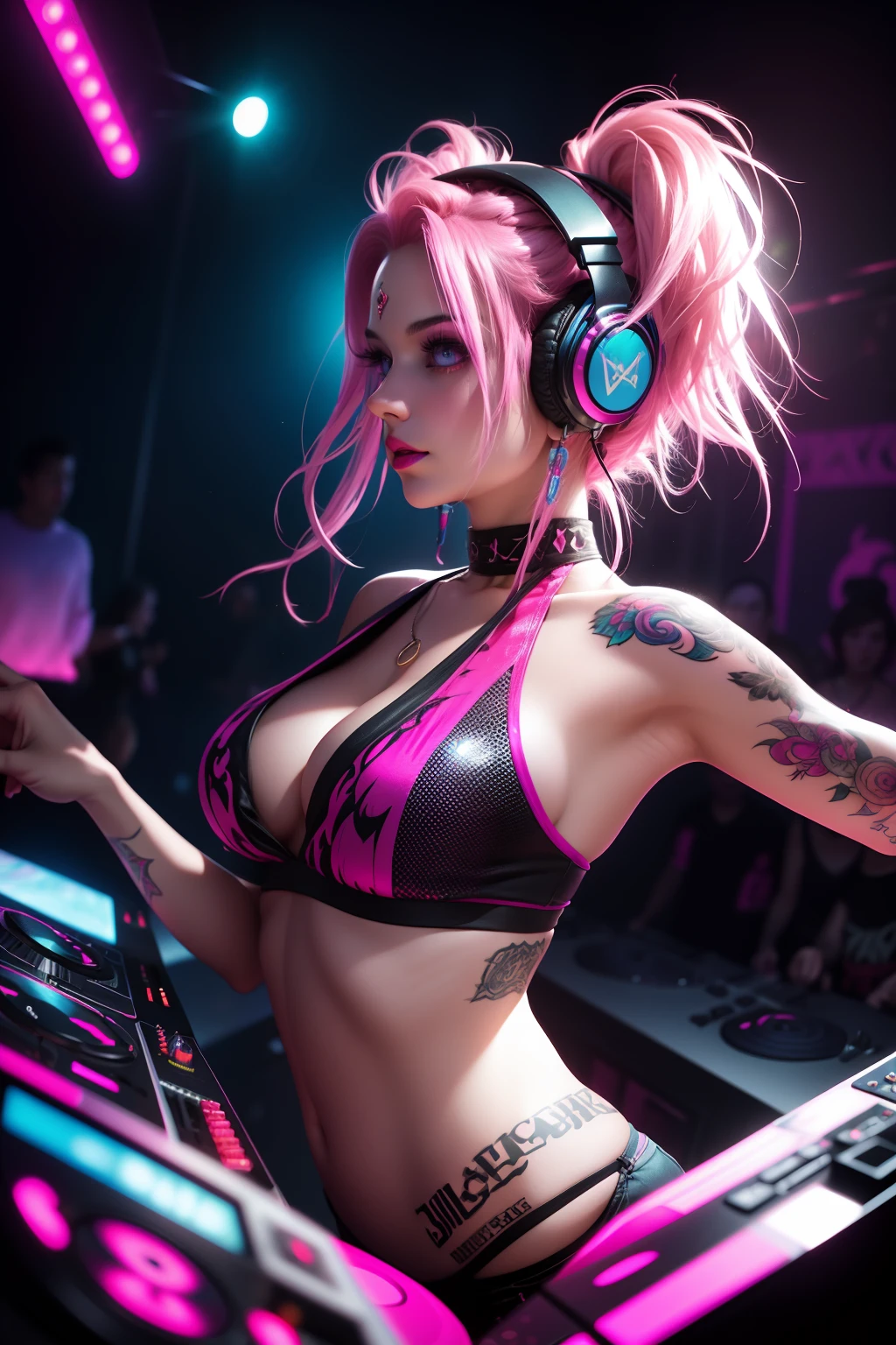Upper body, Female DJ, Vampires,Wear a bikini,Tattooed with,Pink hair, Quirky, Vibrant appearance, Playful accessories, Bright colors,Creative behavior, Rambled, Sensual, Spontaneous, DJ headphones, Mixing Console, Music Clubs, night club, Independent cinema, People dancing on dance floor background, Underground danceclub, Highest quality, Skin texture, Intricate details, (Cinematic lighting), RAW photo, 8K,Psychedelic surrealist art,Surrealist psychedelic design,dream art style,Illusion psychedelic art, Colorful dark vectors,