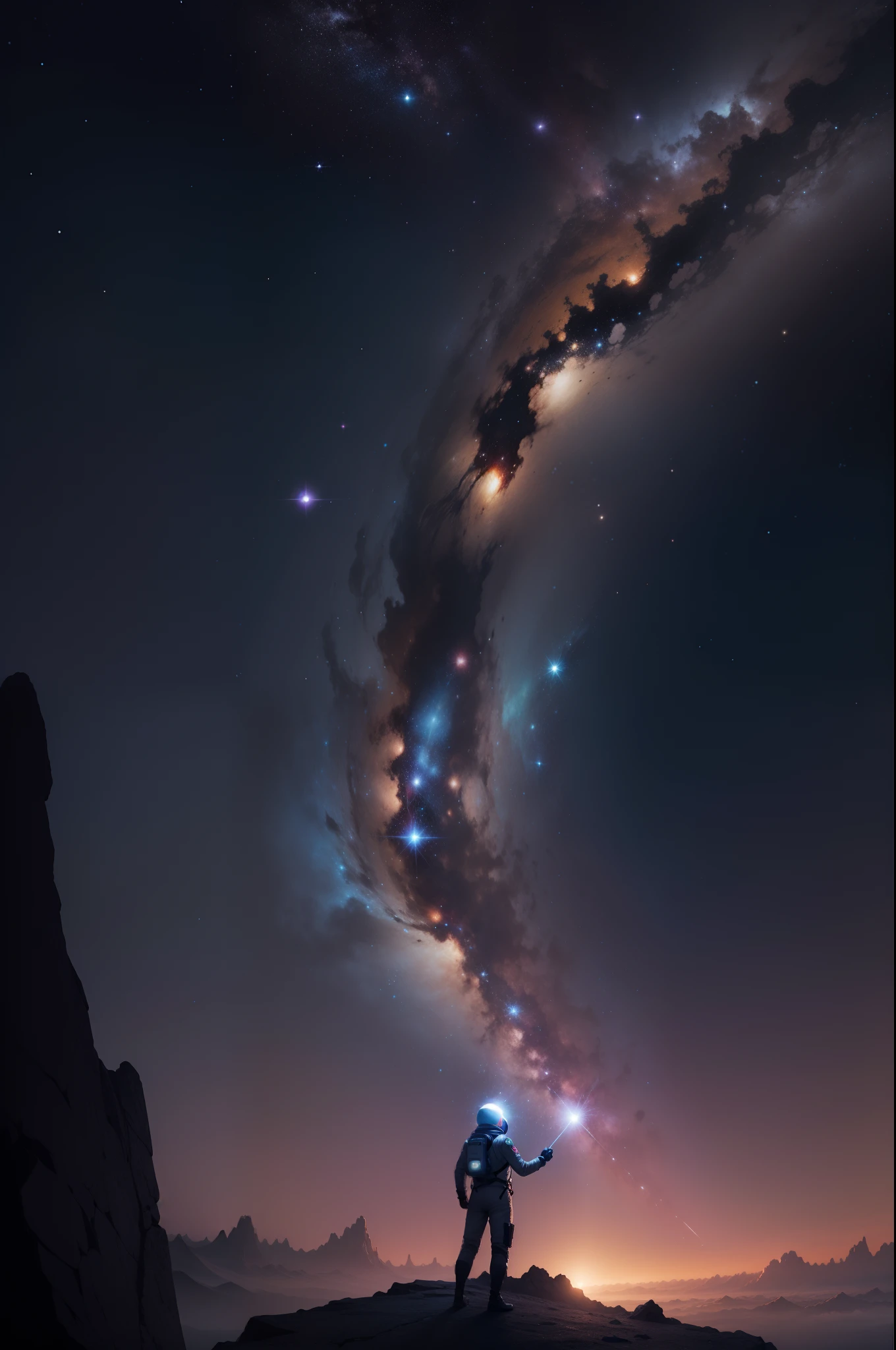 Cosmic Silhouette captures the awe of venturing beyond our world. The central design is a crisp silhouette of an astronaut, hands reaching out, touching the universe's vastness. The backdrop is a mesmerizing blend of vibrant purples, blues, and hints of gold - a representation of the myriad of galaxies and stars. As the onlooker dives deeper, smaller details emerge: tiny constellations, swirling nebulae, and distant planets. While the foreground astronaut is a stark contrast in monochrome, the little sparks of colors reflect off their suit, symbolizing humanity's tiny yet significant mark in the cosmos. This design isn't just an image; it's a journey. It invites wearers and admirers into a narrative of exploration, wonder, and our endless quest for understanding the unknown. Ideal for those who dare to dream and wonder, Cosmic Silhouette speaks to the adventurer in all of us.