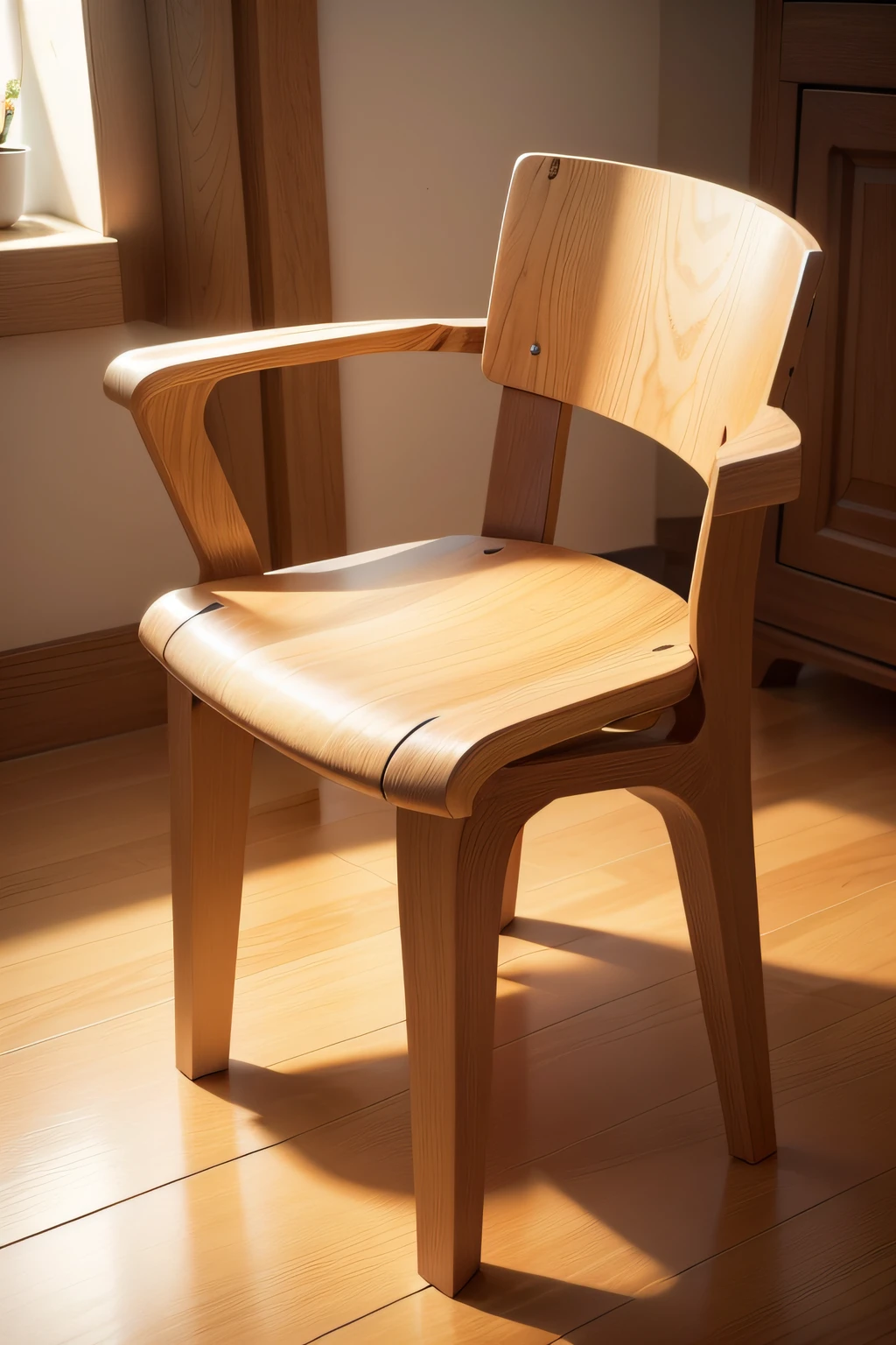 This chair has delicate, slender wooden legs that are arranged in an X shape on the floor. The legs are made of oak wood and have been manually carved and finished to have a smooth, soft surface. The chair has a round, relatively large seat made of pine wood that has a natural, warm feel.
The seat is designed to look as if it was cut from a tree and turned into a chair. The edges of the seat are soft and smooth to provide more comfort for sitting. The chair's armrests are also designed in a spiral shape, and this design lends a special beauty to the chair. Overall, this wooden chair has a beautiful, natural and comfortable appearance.
