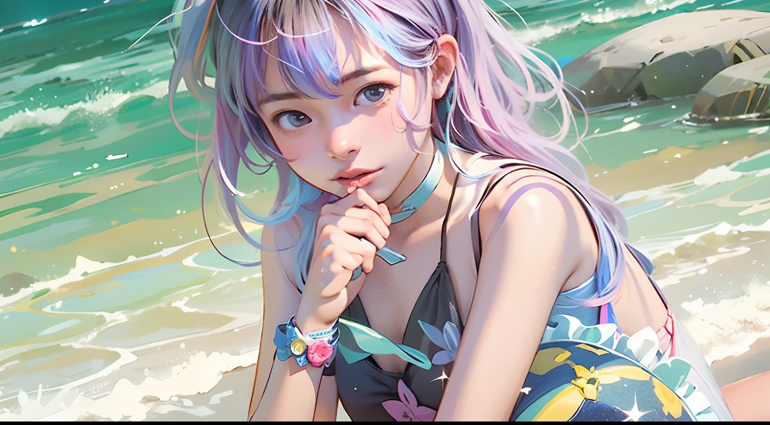 (8k、RAW Photos、top-quality、masterpiece:1.2)、(realisitic、Photorealsitic:1.37)、女の子1人、japanese、16-years old、femele、a beach、ocean backgroound、profetional lighting、(full bodyesbian)、perfectbody、purple hair、详细的脸、Detailed lips、detailed eyes、More skin、二重まぶた、(little-breasted:1.5)、(nipple protrusions)、pubick hair、((See-through wet green and white swim dress))、(Clothes see-through)、Sense of transparency、((no-bra))、(small green panties with white lace)、(cammel toe)、(Wet body)、shinny skin、(Half-sitting)、((bend your knees and open your legs wide))、sexy and cute facial expression、purple eyes、Make eyes contact with the camera, horse girl, ((uma musume))