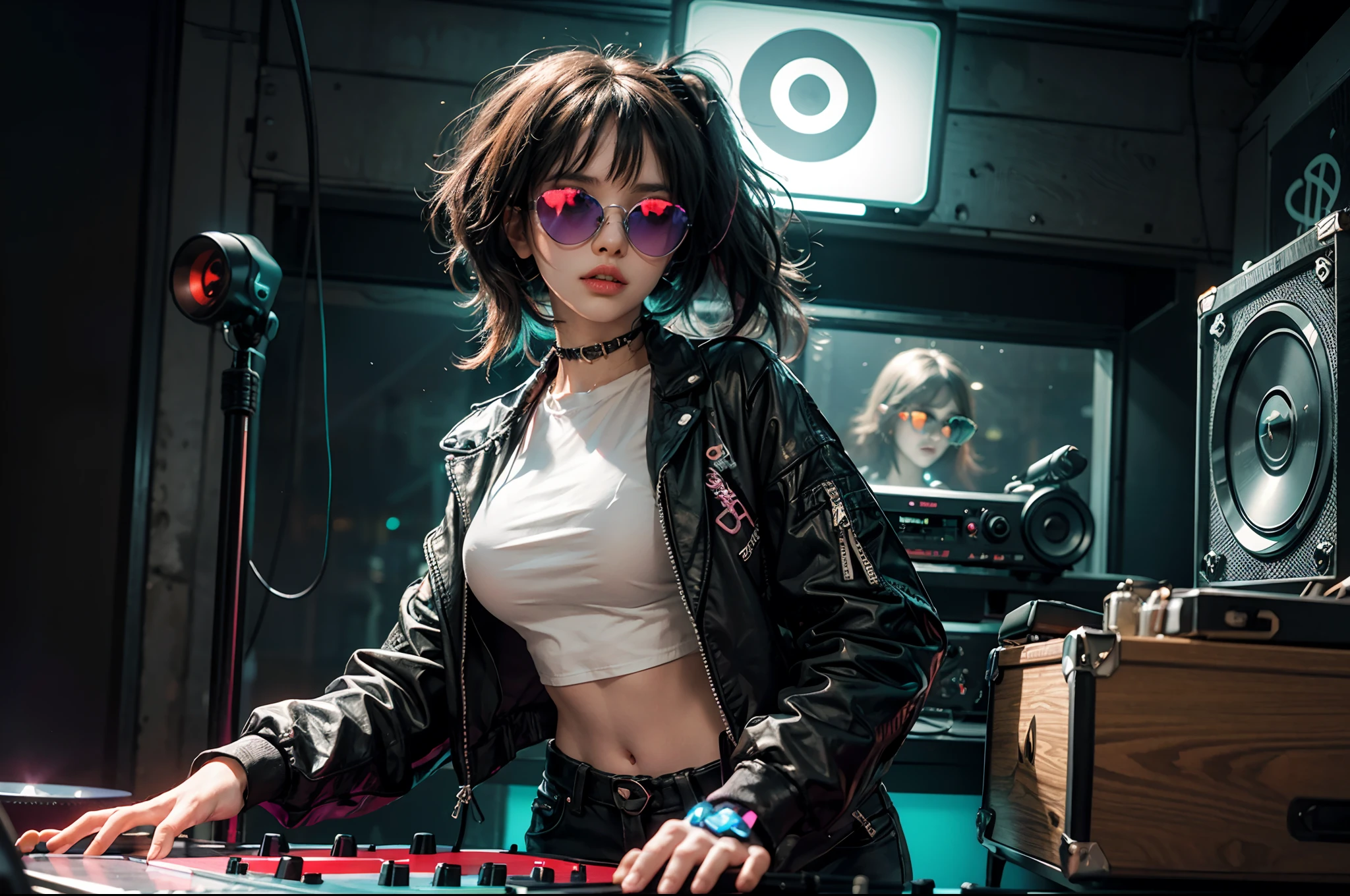 "Cyberpunk DJ girl with cool neon head set,front view ,cool open jacket and crop top shirt, rocking sun glasses, two big LED glowing loudspeakers on each side, immersed in a neon-lit environment, vinyl record on turntable with music mixer and turntable in front of her, exuding an electrifying disco vibe in a futuristic night club."