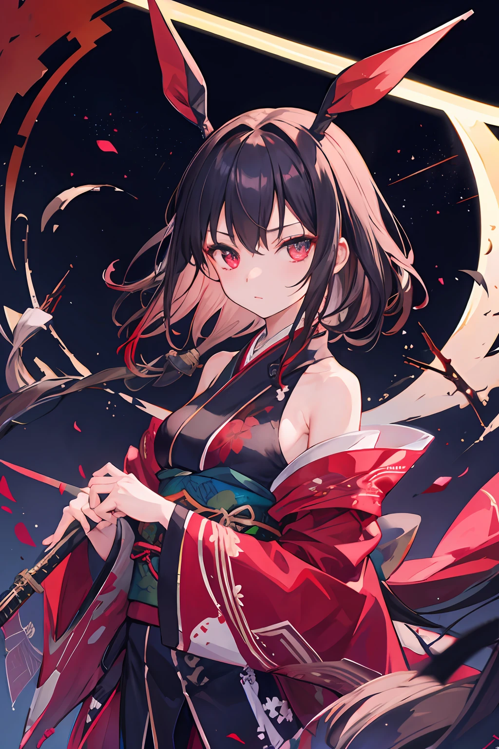 1girl in、nightcity、Sateen、Kimono without sleeves、A dark-haired、Holding a weapon with blood on it