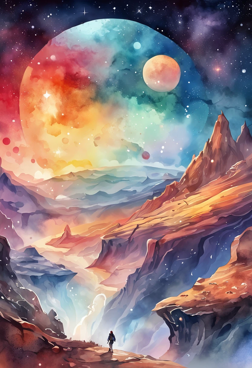 Colorful futuristic space illustration，There is a planet in the middle, A beautiful artwork illustration, Science-fi digital art illustration, , Watercolor tiles
