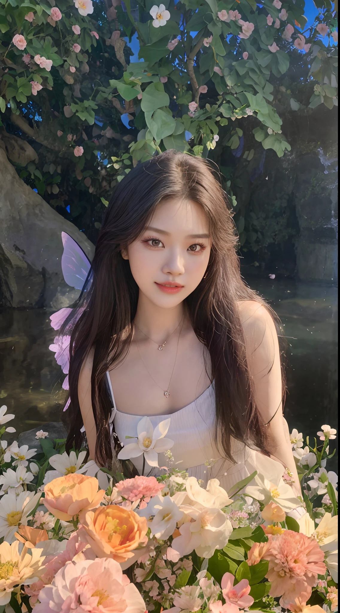 There was a woman sitting in a flower bed,The background is blue sky, Shin Jinying, Simsbo, ulzzangs, blackpink jennie, jaeyeon nam, fairy core, Kim Do-young, Album art, portrait of jossi of blackpink, sakimichan, young wan angel, headshot profile picture, 🍁 Cute, shaxi, gongbi