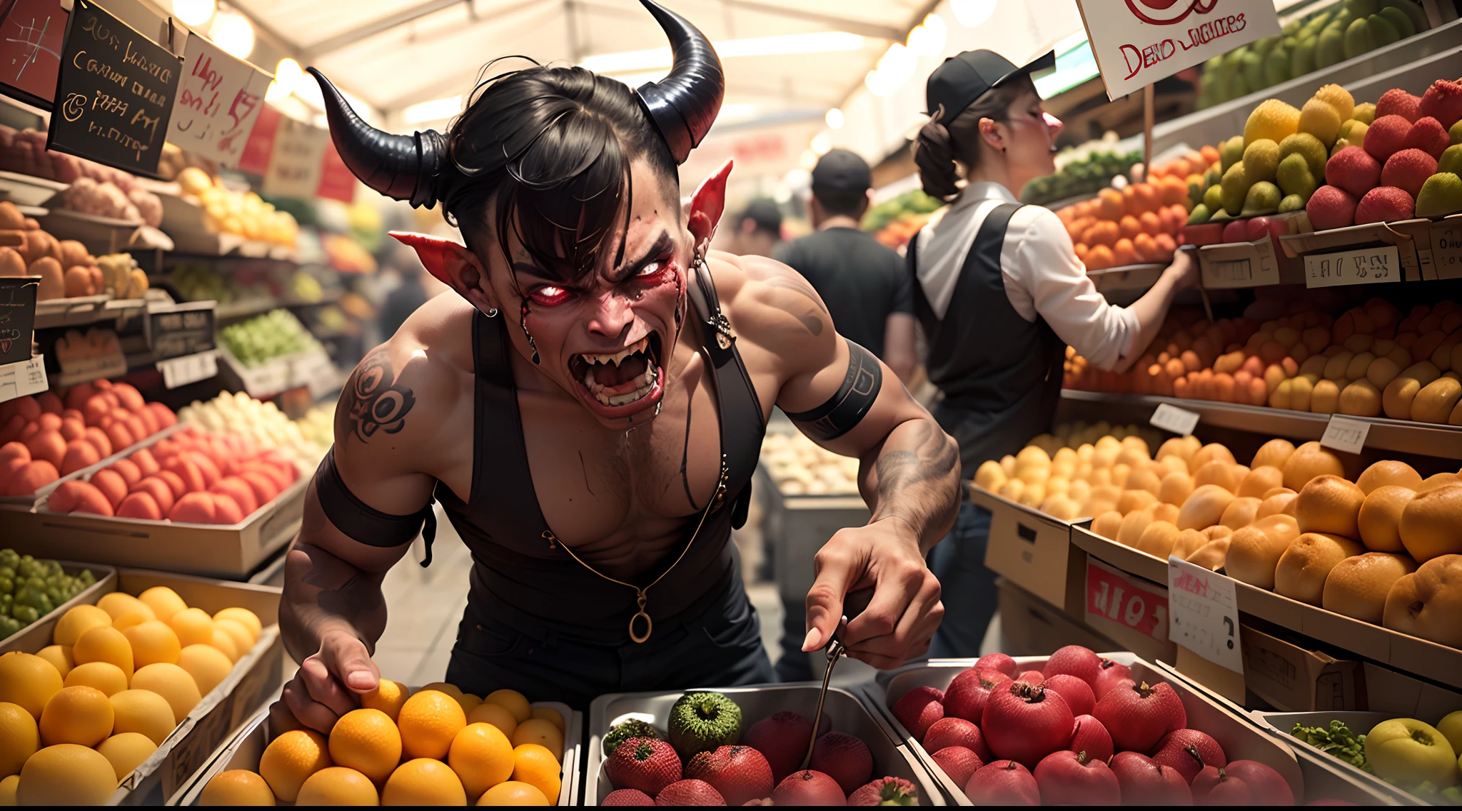 Create imaginative and amazing images demonstrating the style of ((Miscellaneous Academia)), hyper realistic, 8k, vibrant colors, sharp crisp image  an illustration of a traditional market guarded by a monstrous demon with a giant body.