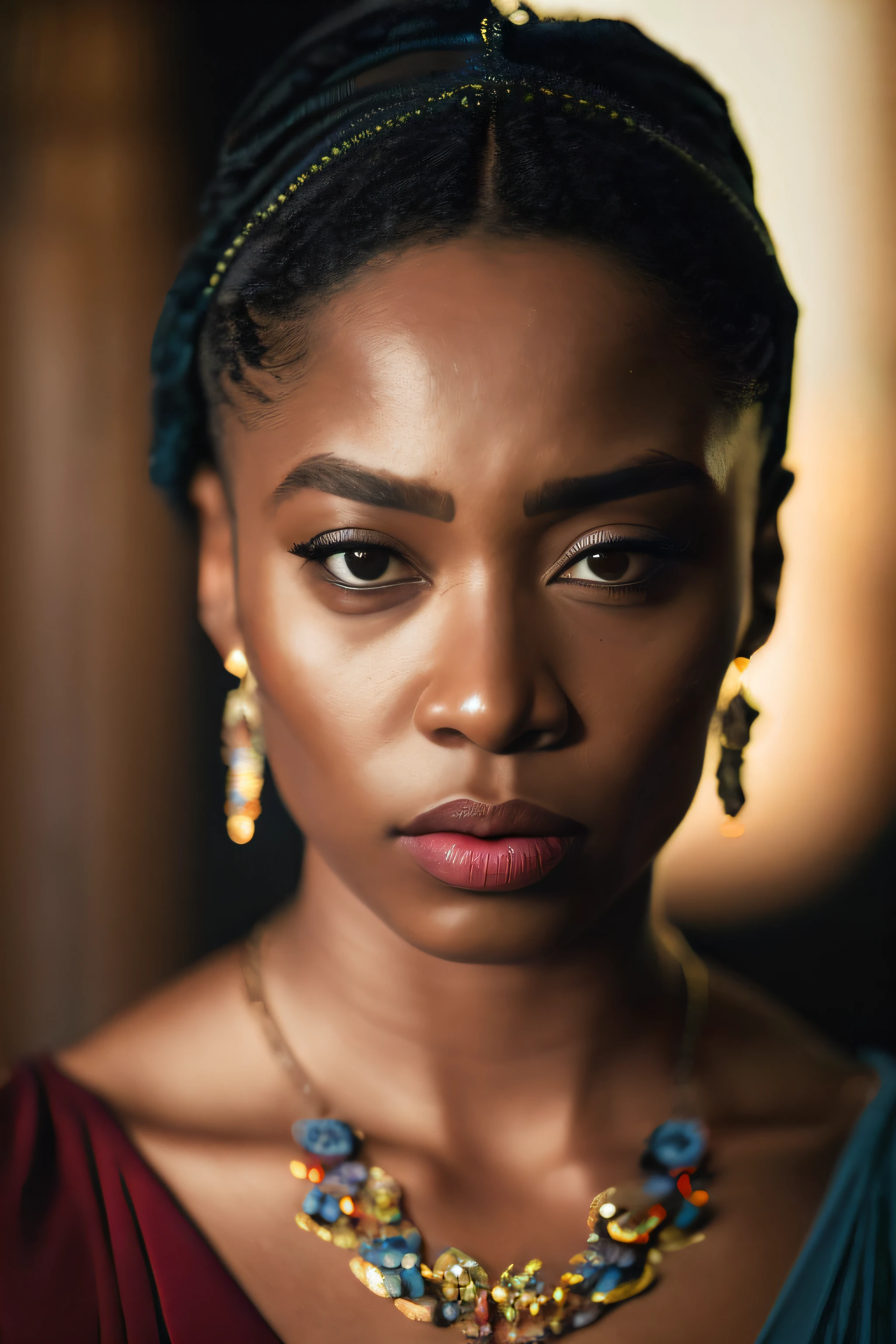 film grain, photographed with a Sony a9 II Mirrorless Camera, analog style, beautiful, masterpiece, best quality, aamari, a black woman with elegant dress, coloured, crying is looking at the camera, man sad at background, very dark skin, extremely detailed face, bust shot, perfect lighting --auto