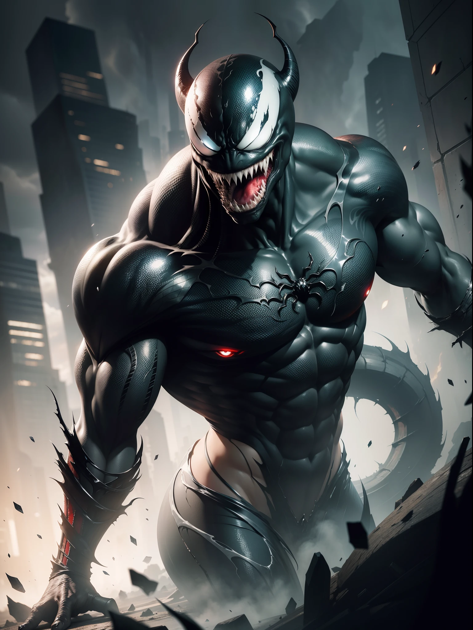 "Venom" concept art with stunning details and realistic textures, emphasizing the dark and menacing nature of the character. Include the iconic white spider symbol on Venom's chest, sharp teeth, long tongue, slimy black symbiote, intense red eyes, dynamic pose, and dramatic lighting.